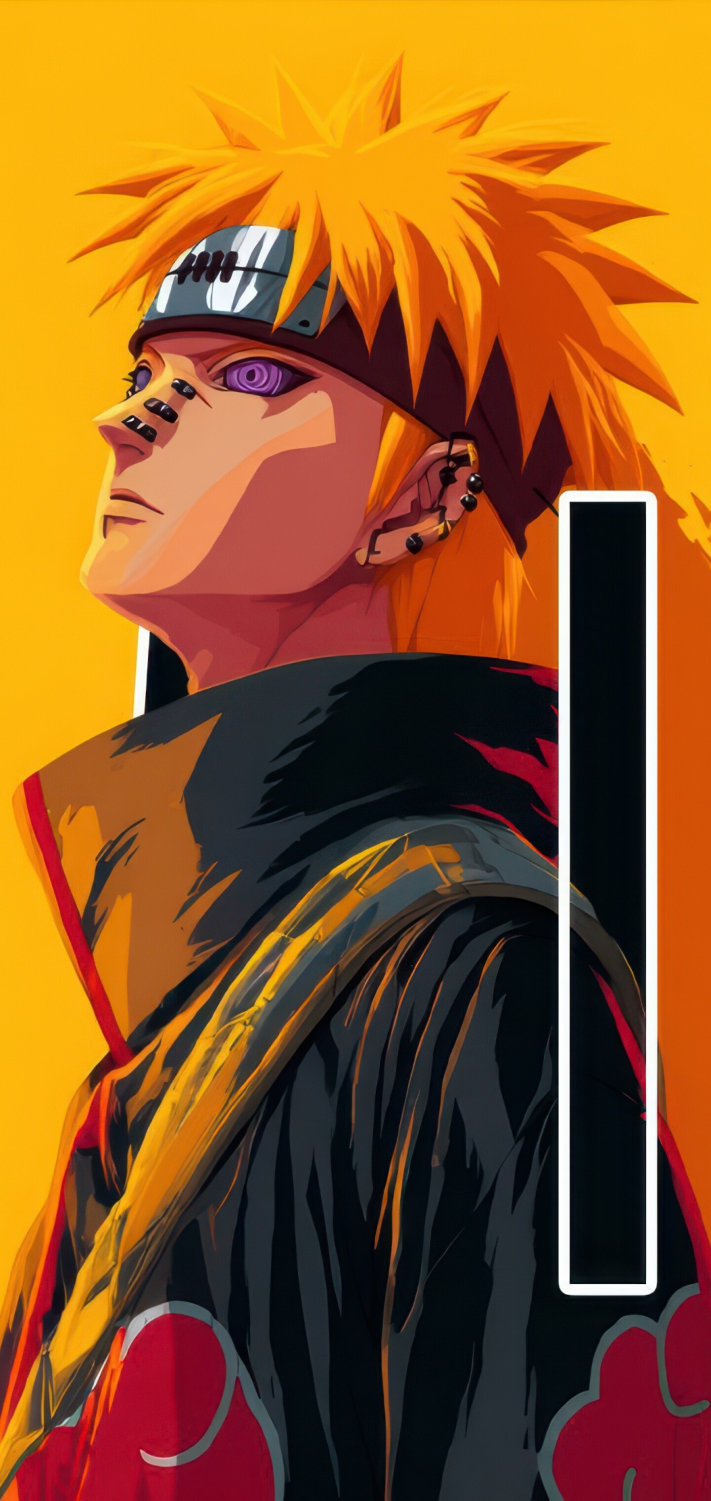 A high-resolution portrait of Pain from Naruto against a bright yellow background.