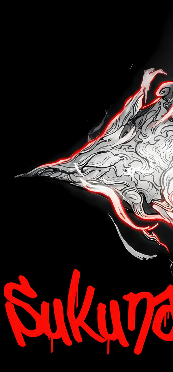 Monochromatic action illustration of Ryomen Sukuna from Jujutsu Kaisen with dramatic fire effects and a dark background.