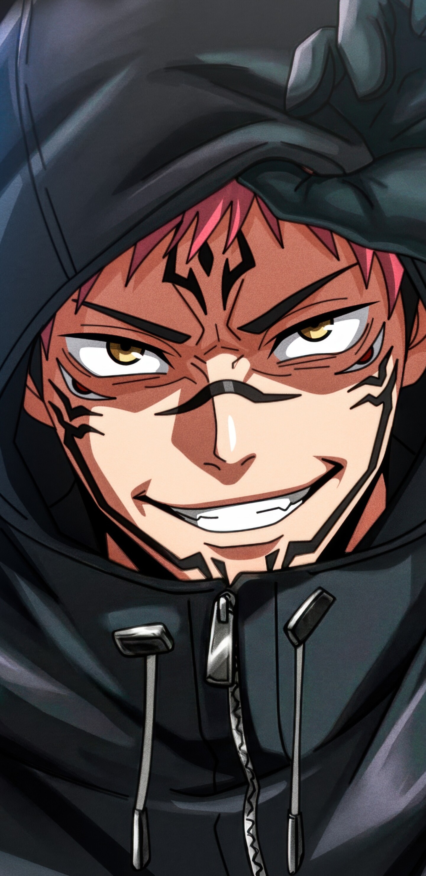 Ryomen Sukuna from Jujutsu Kaisen wearing a stylish hoodie featuring his signature facial tattoos.
