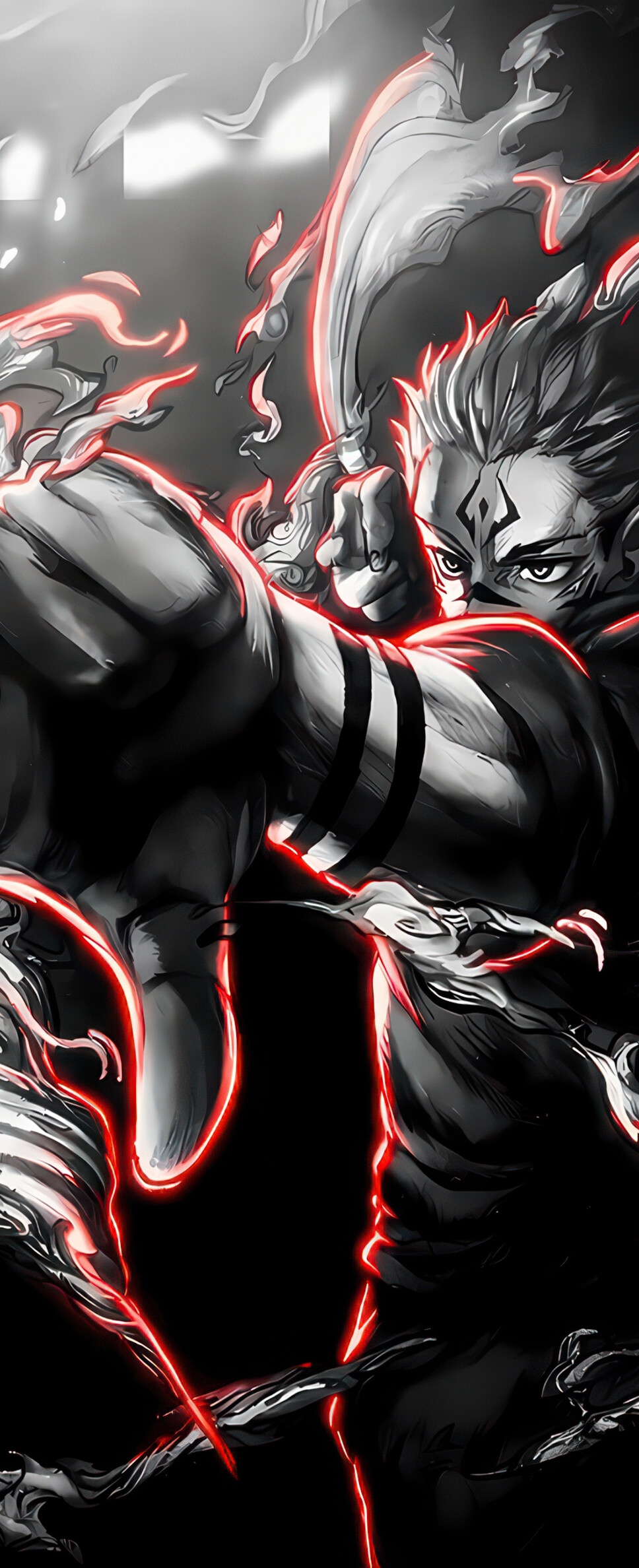 Monochromatic illustration of Ryomen Sukuna from Jujutsu Kaisen with dramatic fire effects on a dark background.