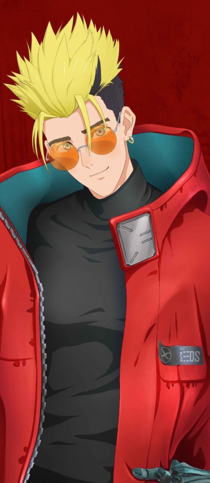 Vash the Stampede from the Trigun Stargaze anime series posed against a vivid red background.