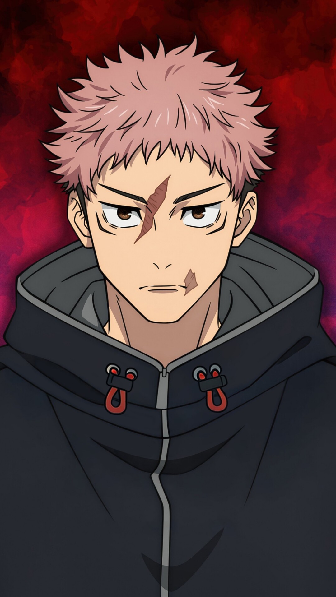Yuji Itadori from Jujutsu Kaisen with pink hair and a hoodie against a red background