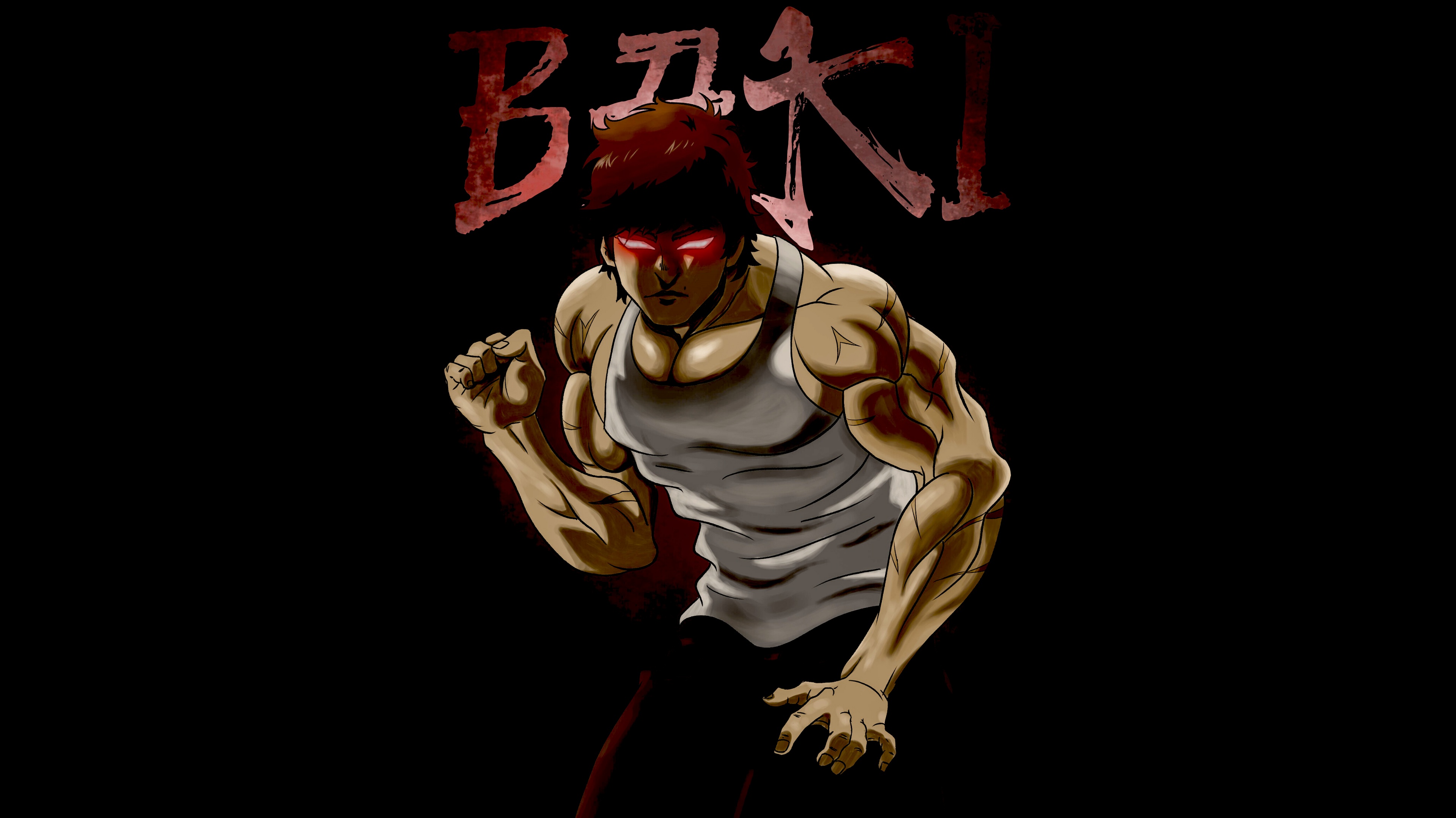 Intense close-up portrait of Baki Hanma from Baki the Grappler on a solid black background.