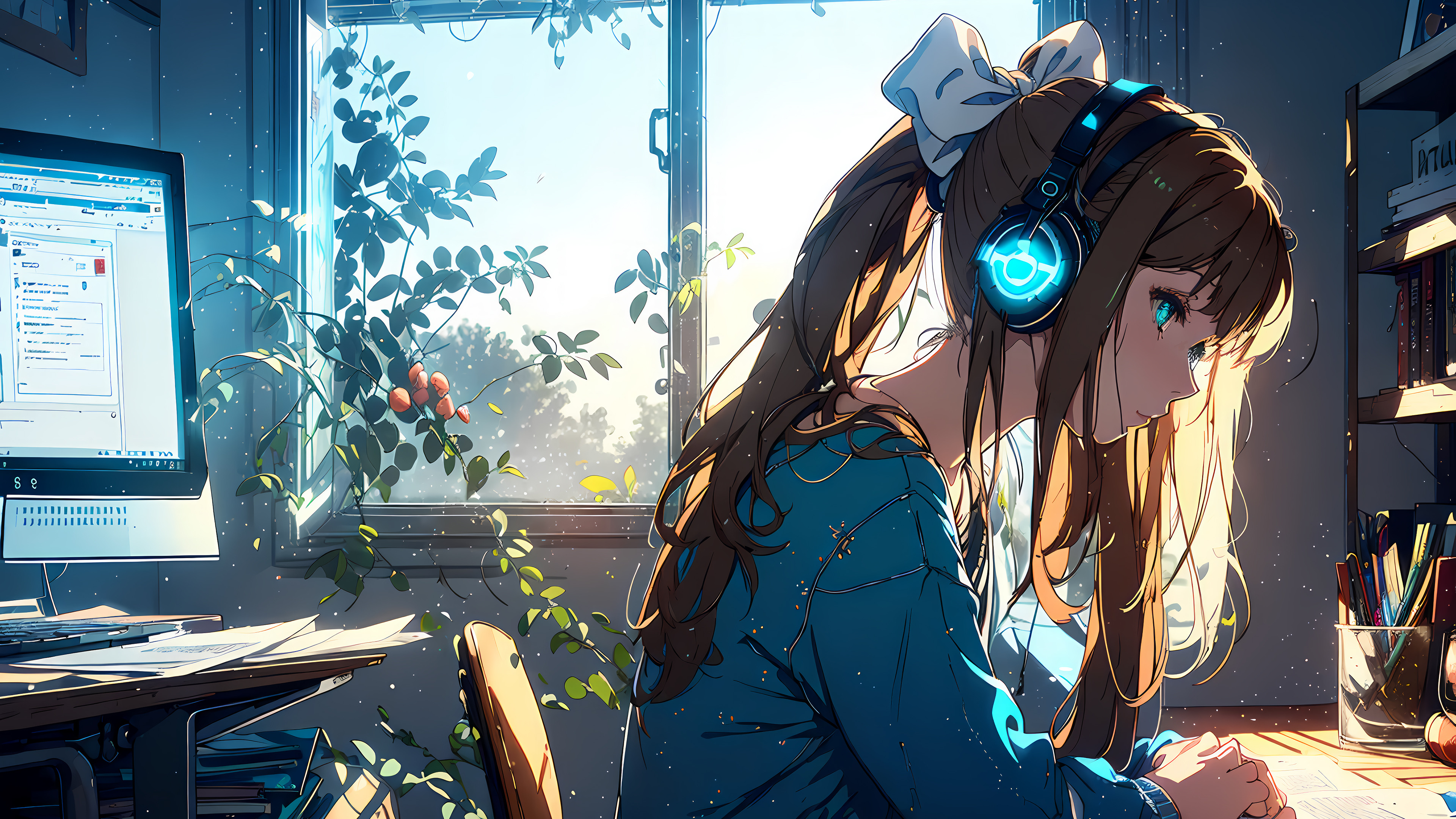 An anime girl wearing headphones, listening to music alone in a cozy lofi-style setting.
