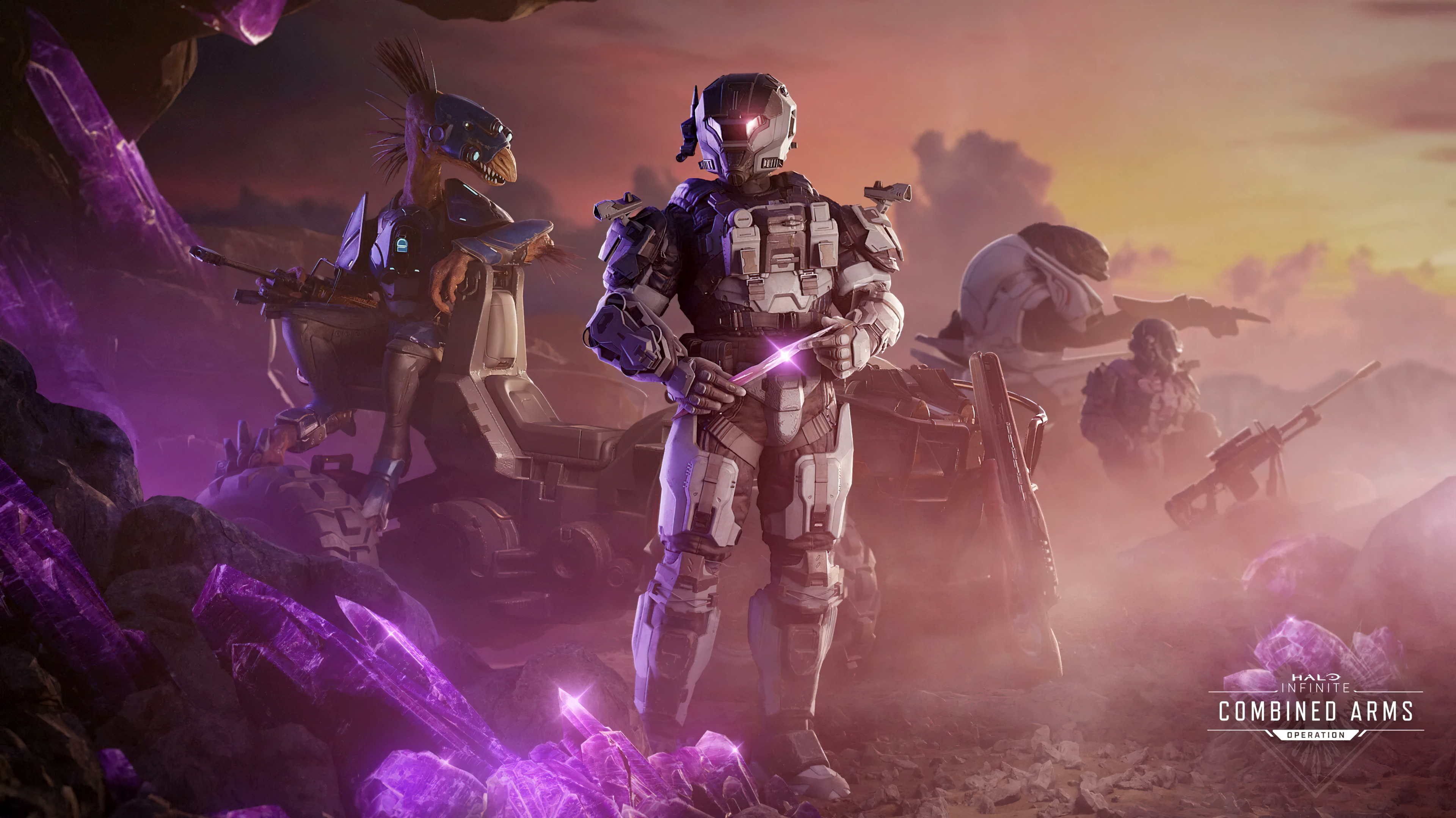 Master Chief from Halo Infinite wearing iconic green MJOLNIR Spartan armor in a futuristic sci-fi setting.