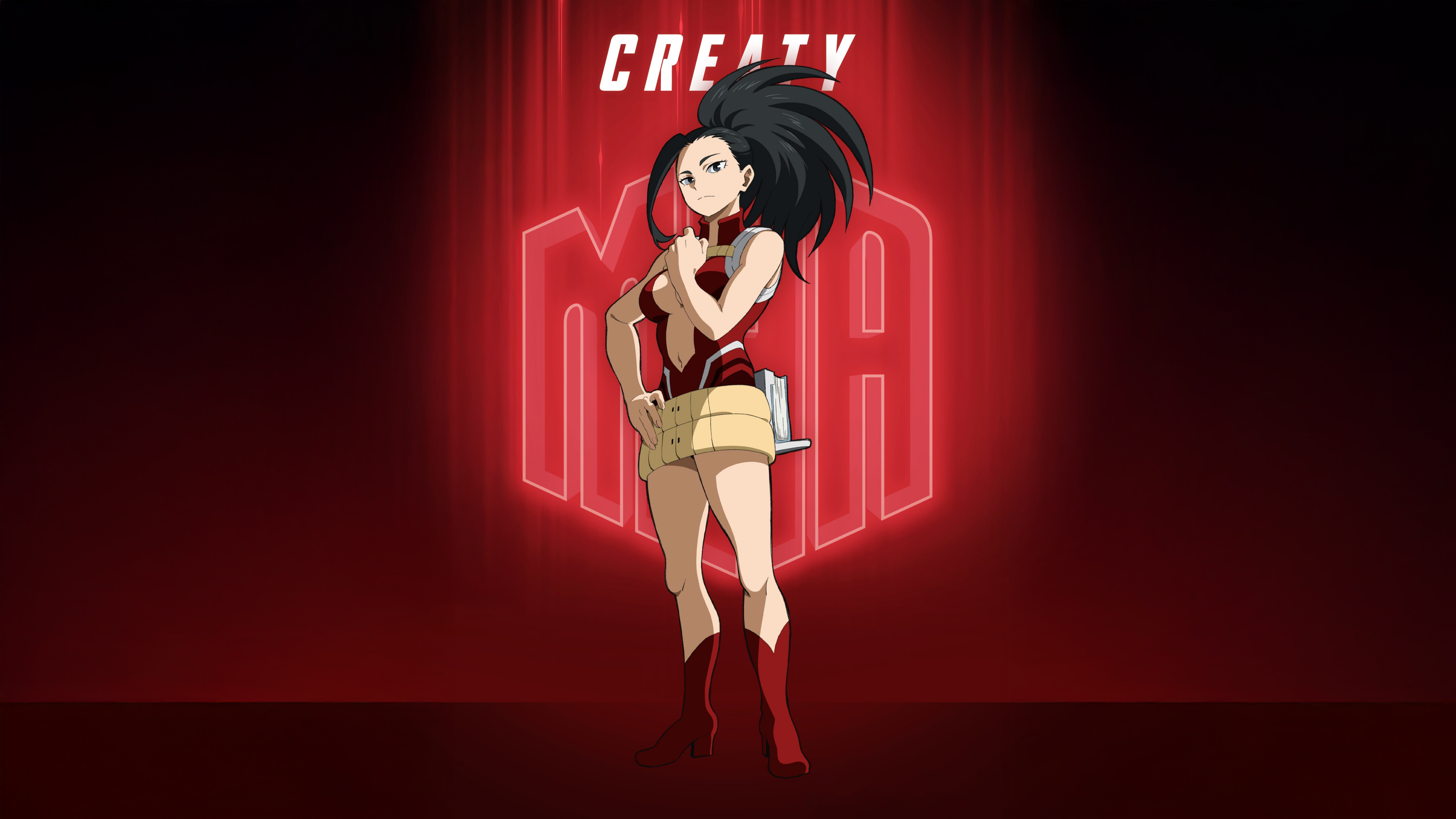 High-resolution 5K portrait of Momo Yaoyorozu from My Hero Academia against a bold red background.