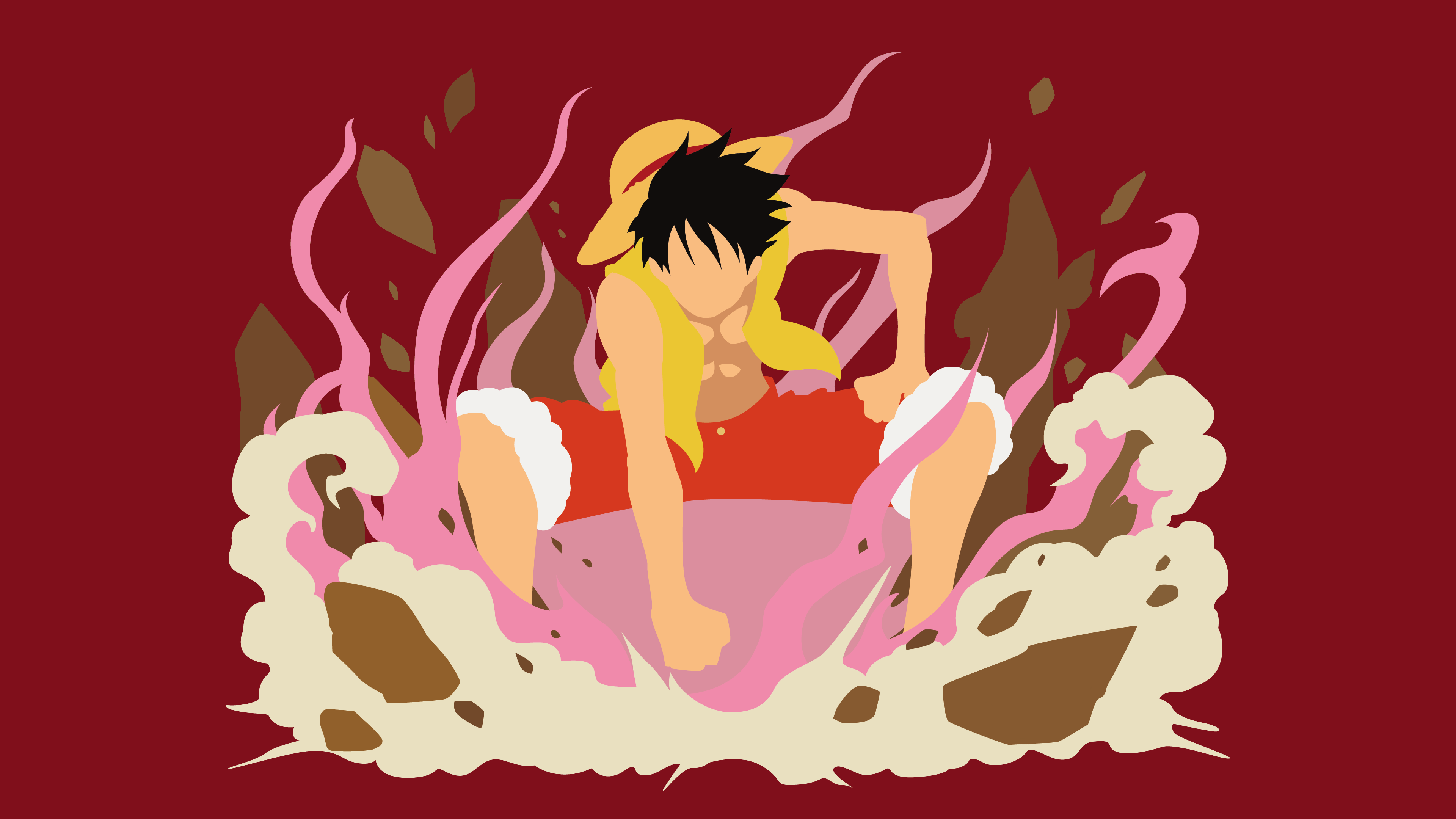 Minimalist illustration of Monkey D. Luffy from One Piece on a solid red background