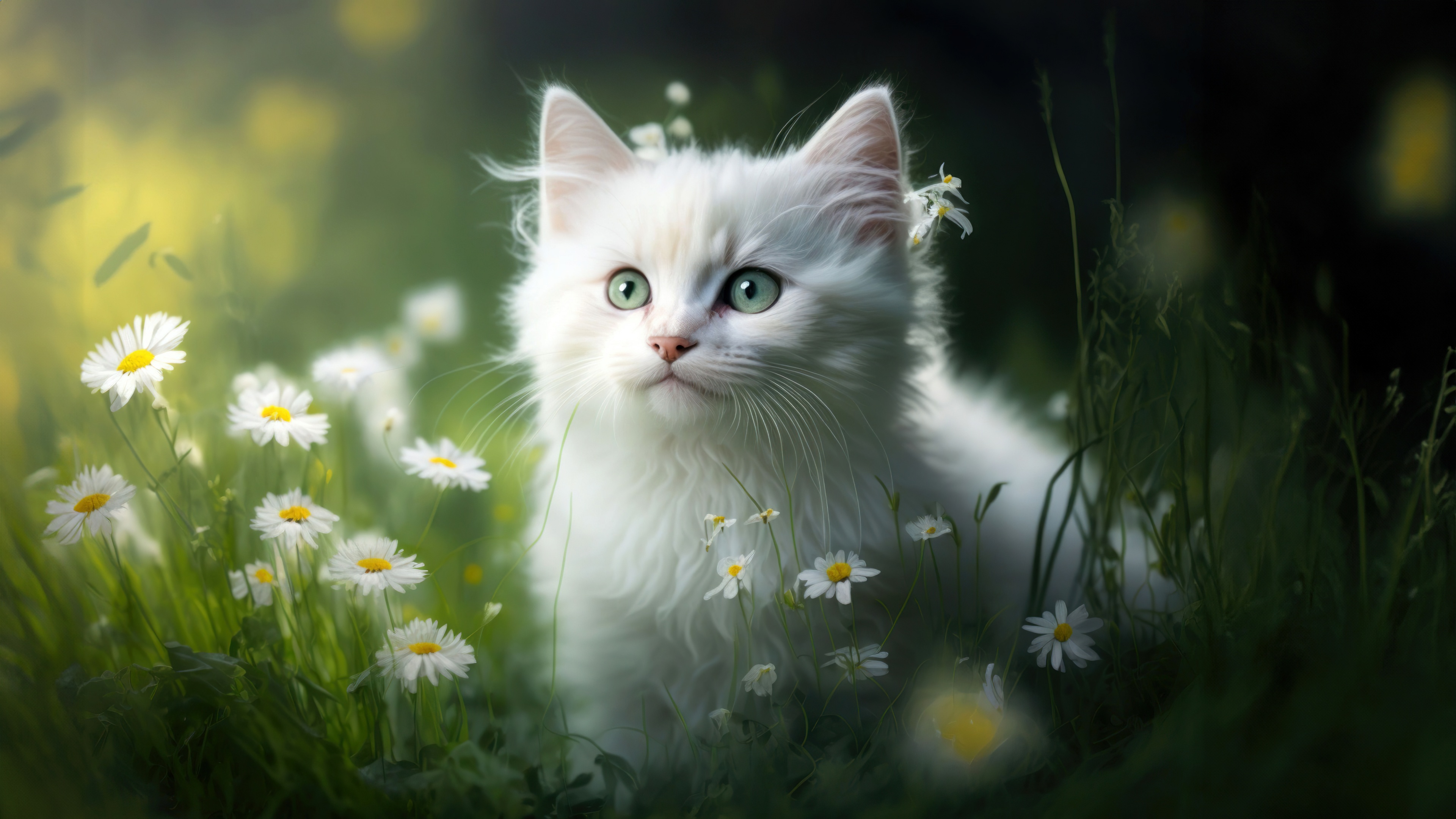 A fluffy white kitten resting in lush green grass surrounded by white daisy flowers under bright light.