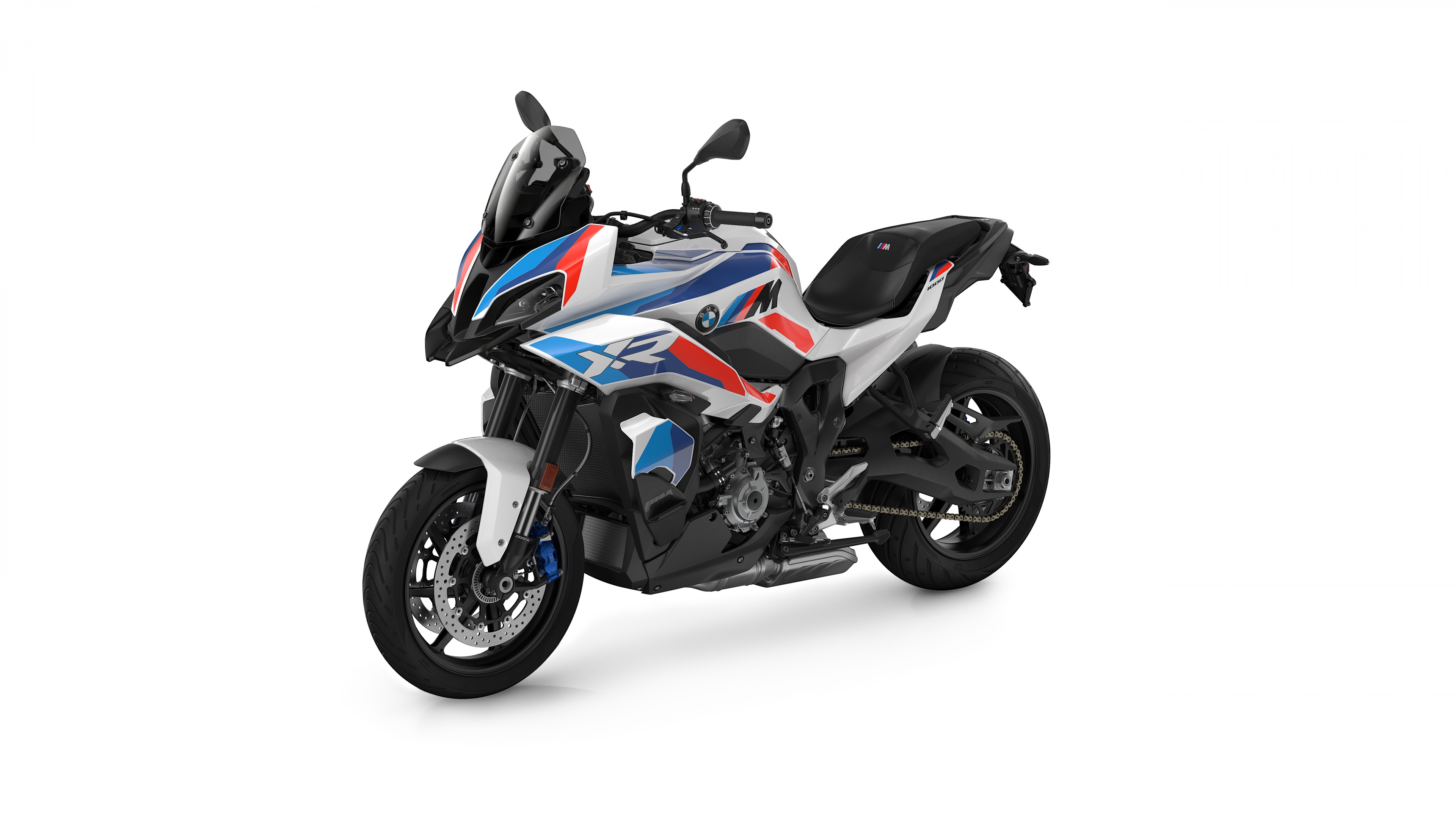 2024 BMW M 1000 XR motorcycle with M Package livery on a white background