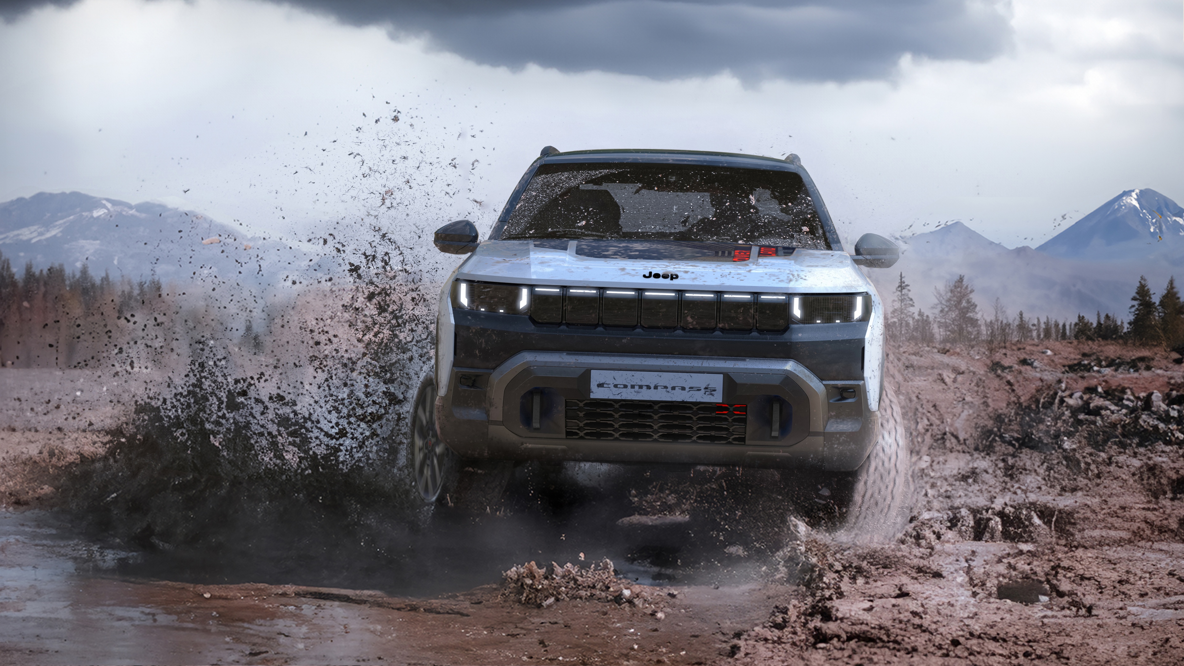 A modern 2025 hybrid SUV splashing through water on an off-road trail.