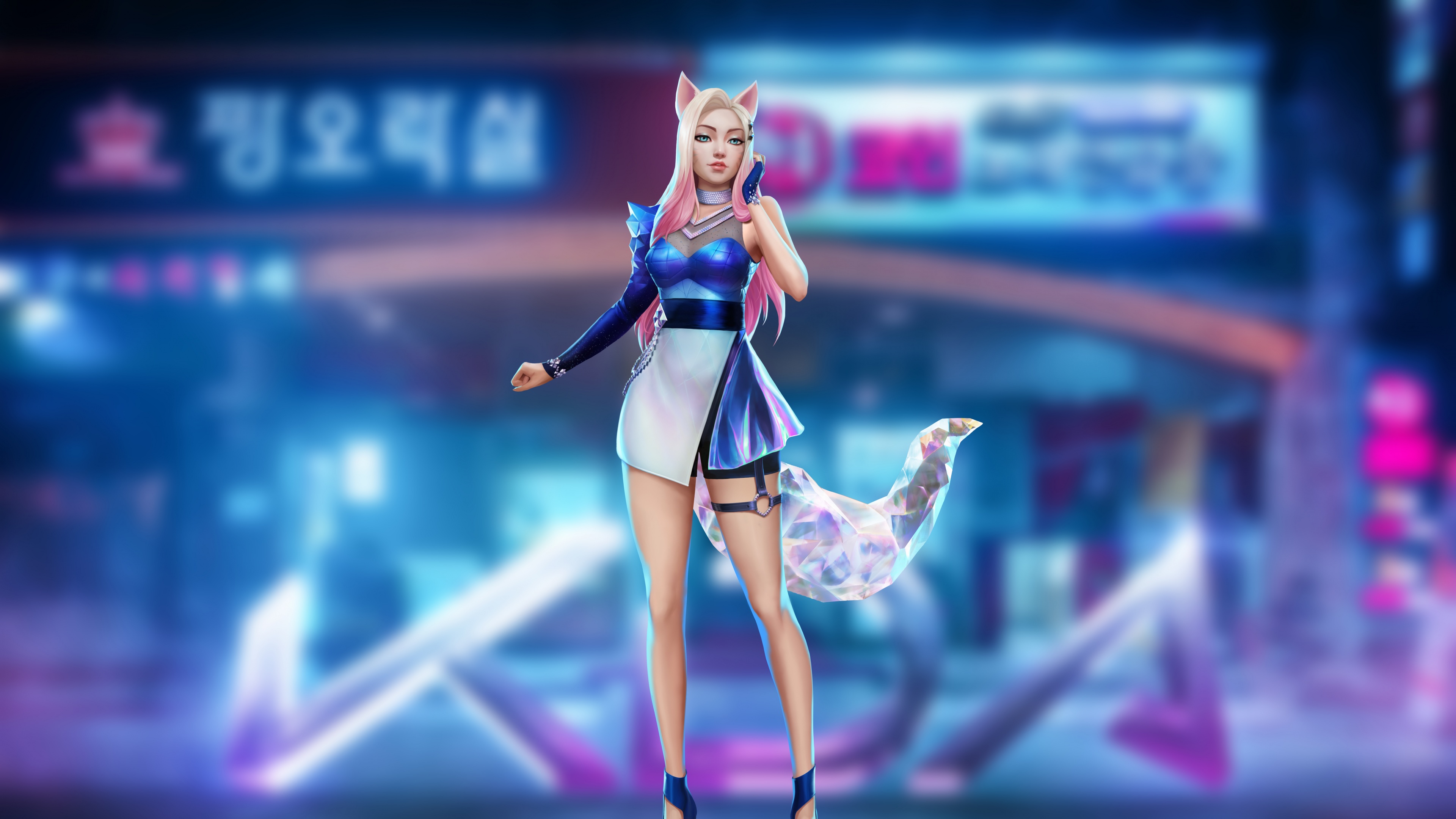 Ahri from League of Legends in K/DA K-pop style with a vibrant neon background.
