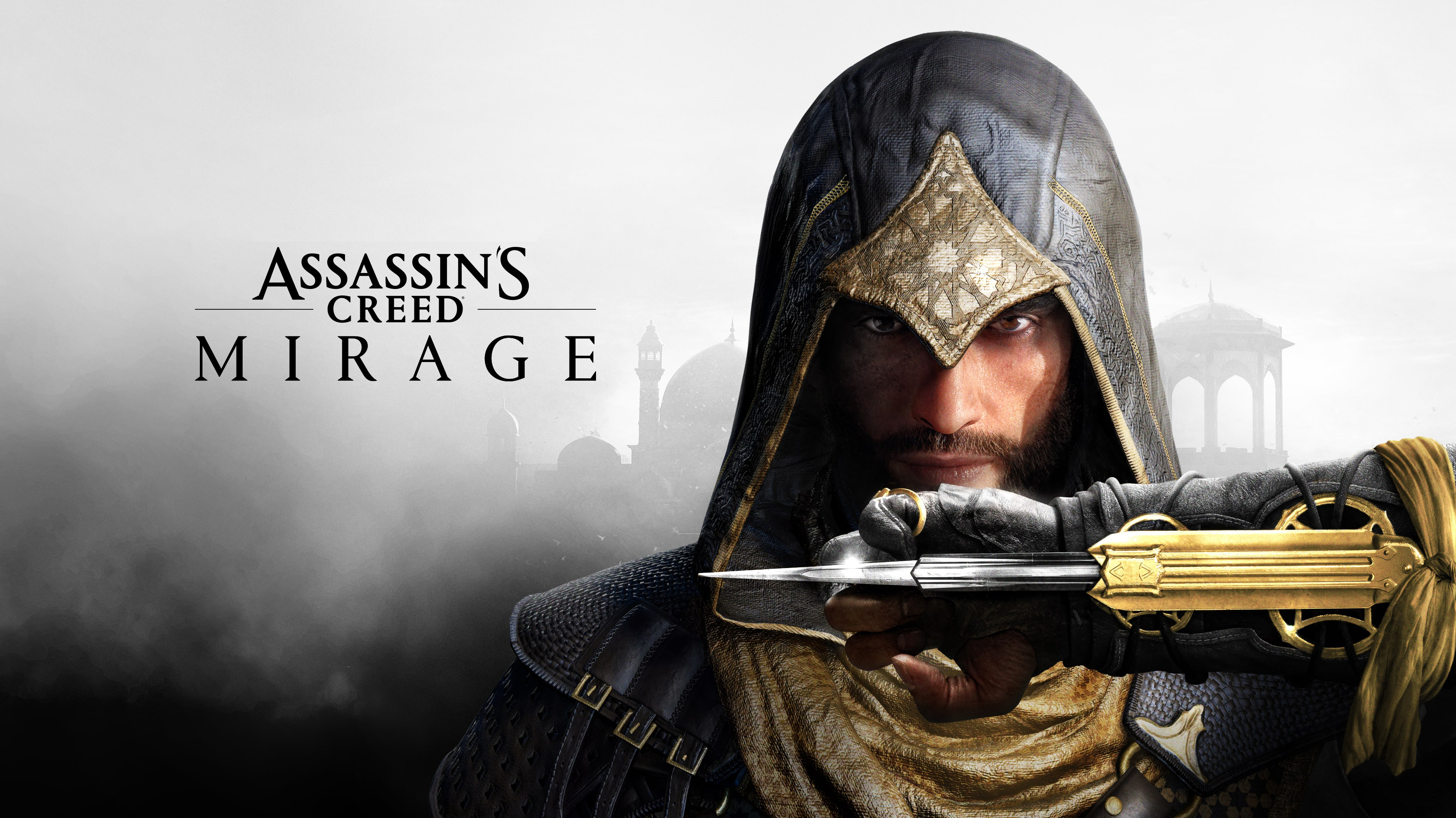 Basim Ibn Ishaq from Assassin's Creed Mirage wearing his signature assassin robes and gear.