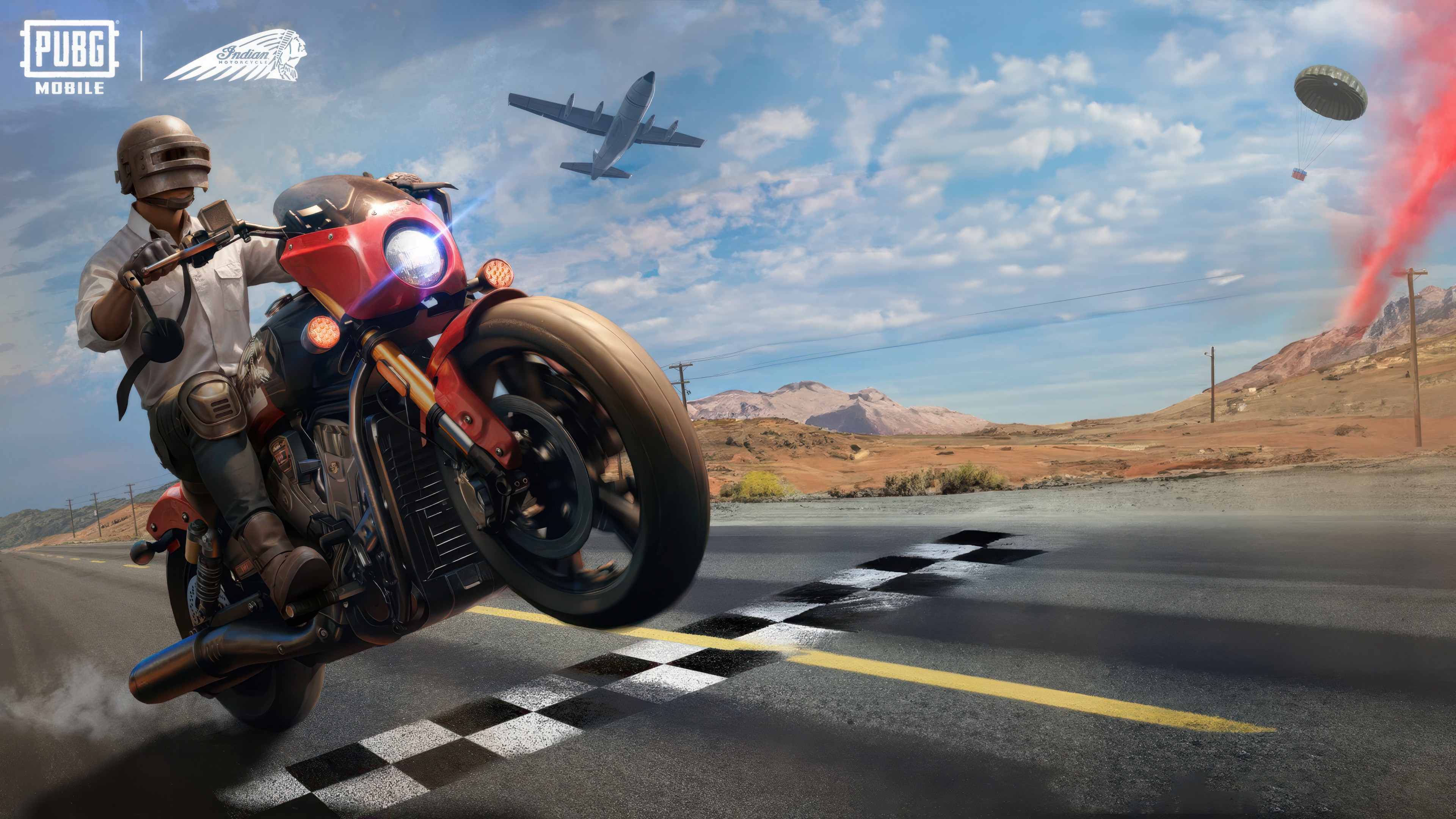 A tactical survivor riding an Indian Motorcycle through a realistic PUBG MOBILE landscape, 5K high-resolution gaming render.
