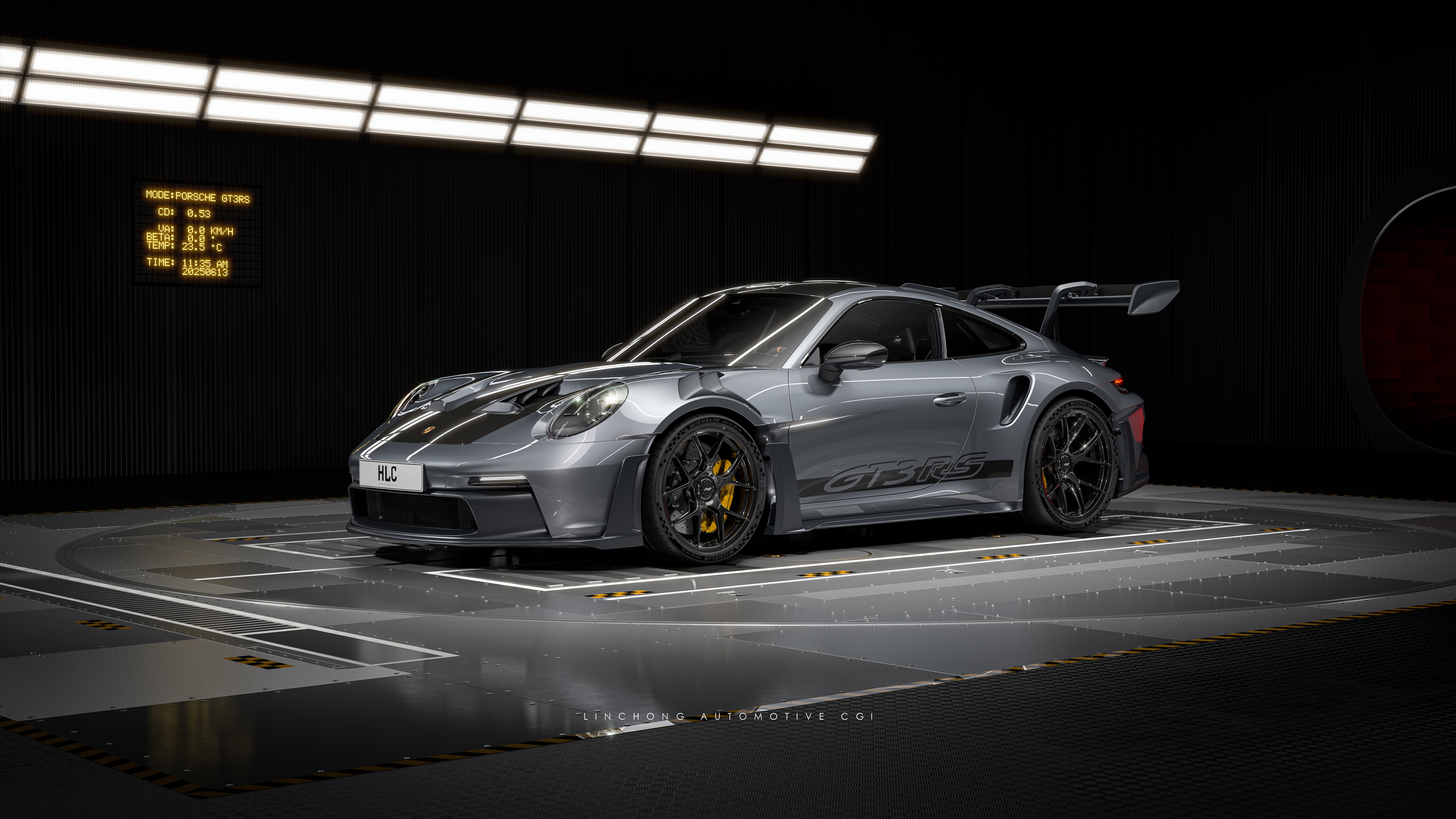 A Porsche 911 GT3 RS with Weissach package details in a dark, moody, and cinematic setting