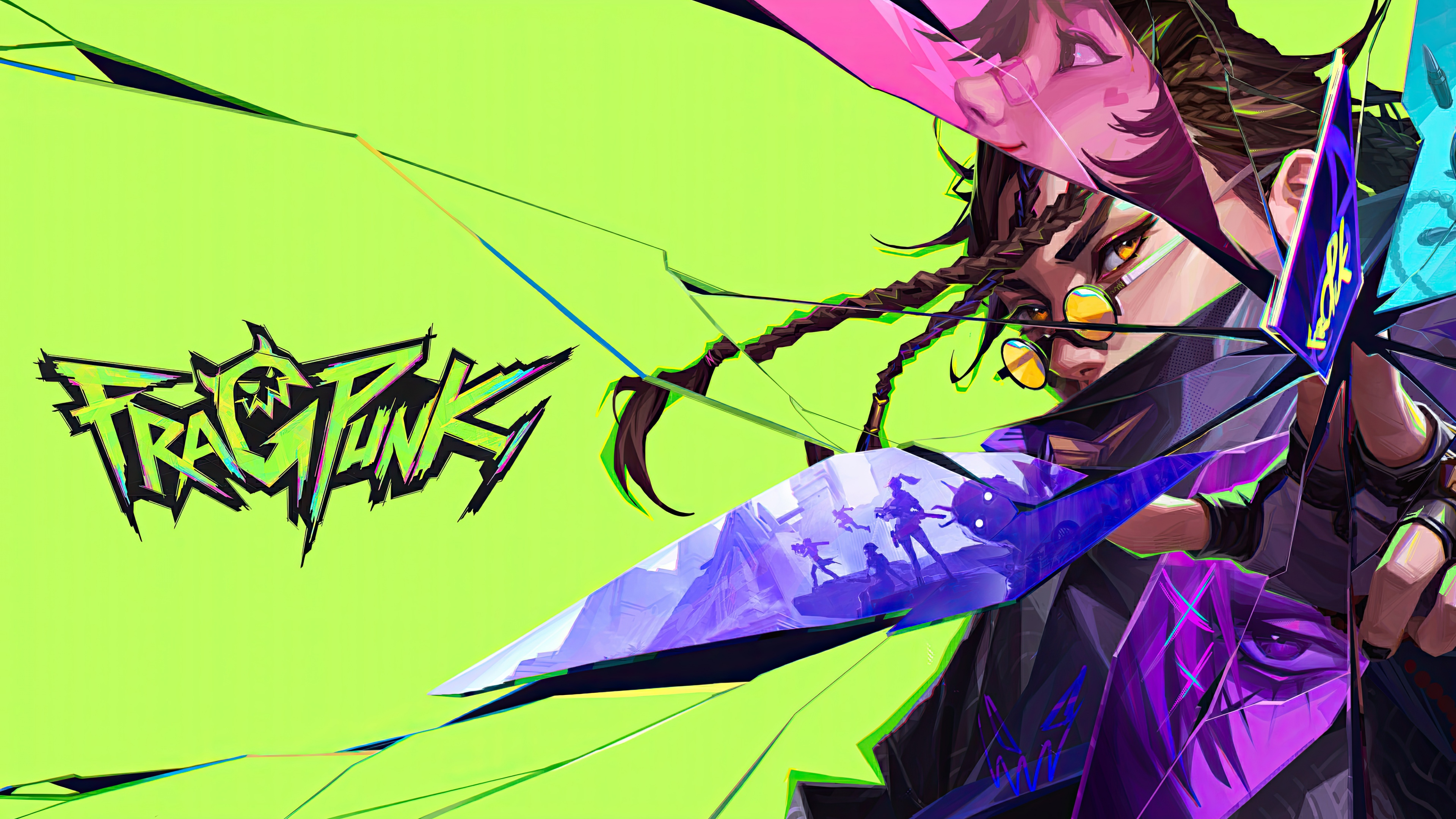 Detailed game art of a character from FragPunk against a bright neon green background.