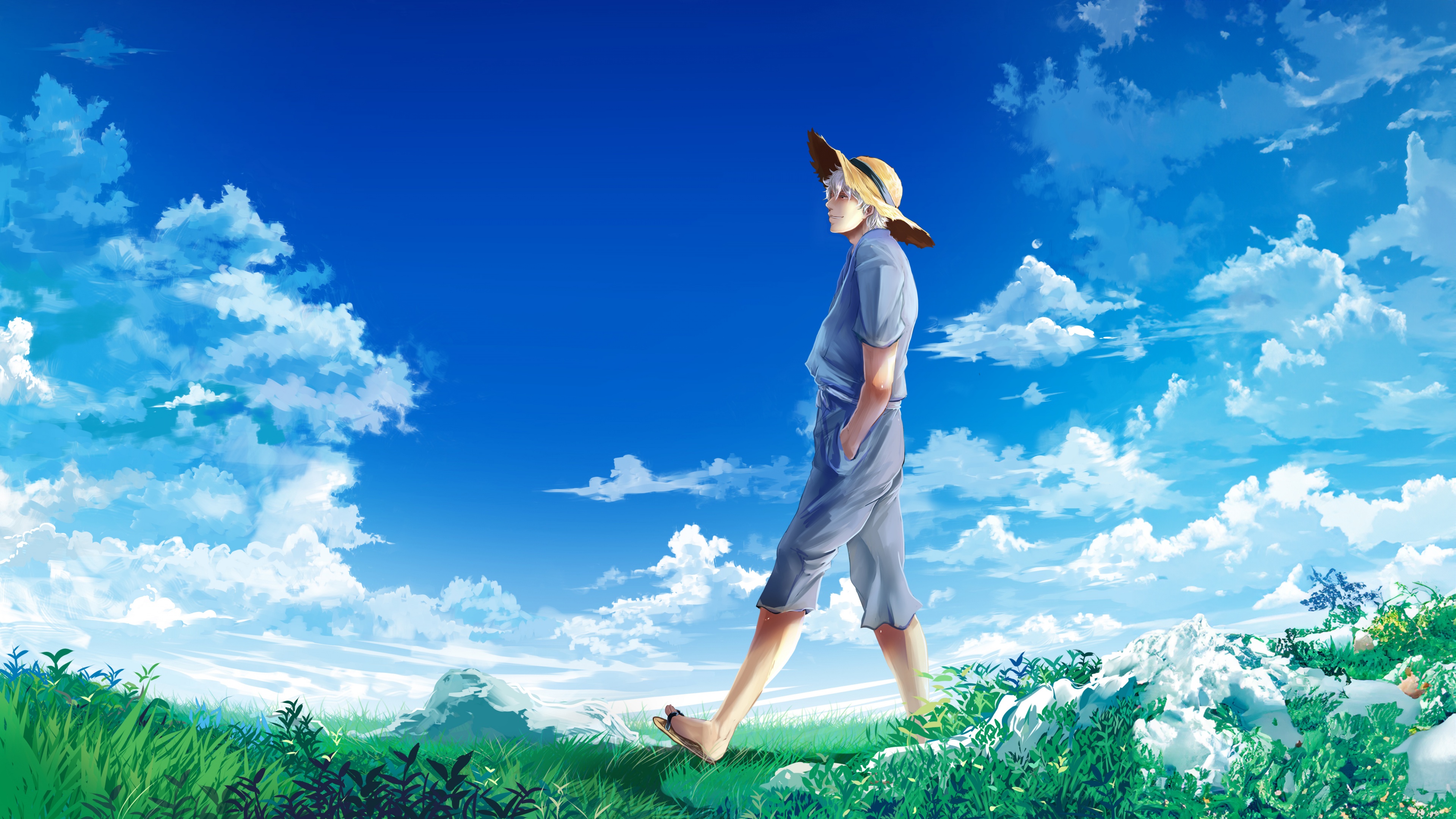 Gintoki Sakata from Gintama with a cheerful and happy facial expression.