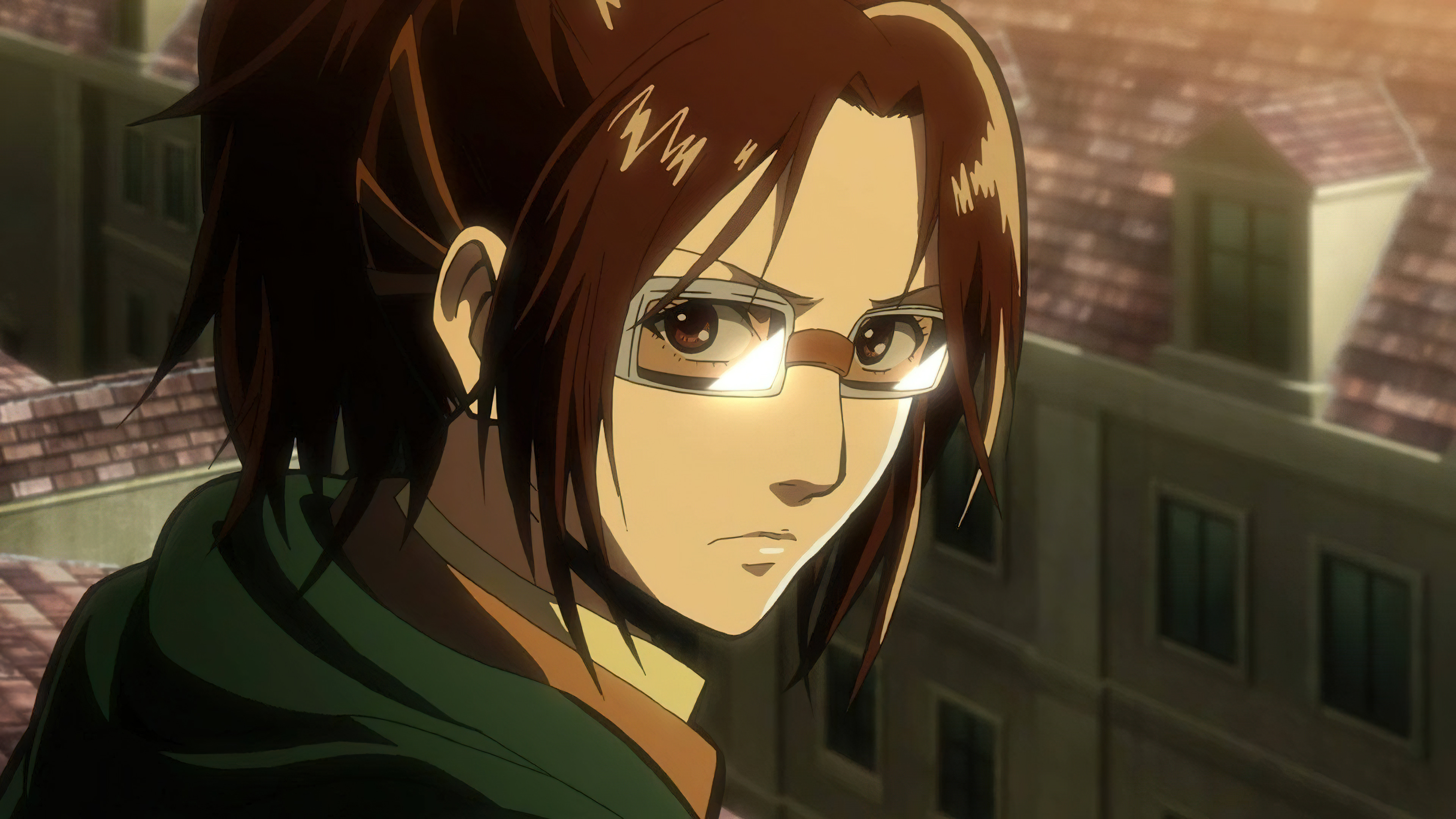 A cinematic portrait of Hange Zoë from the anime Attack on Titan