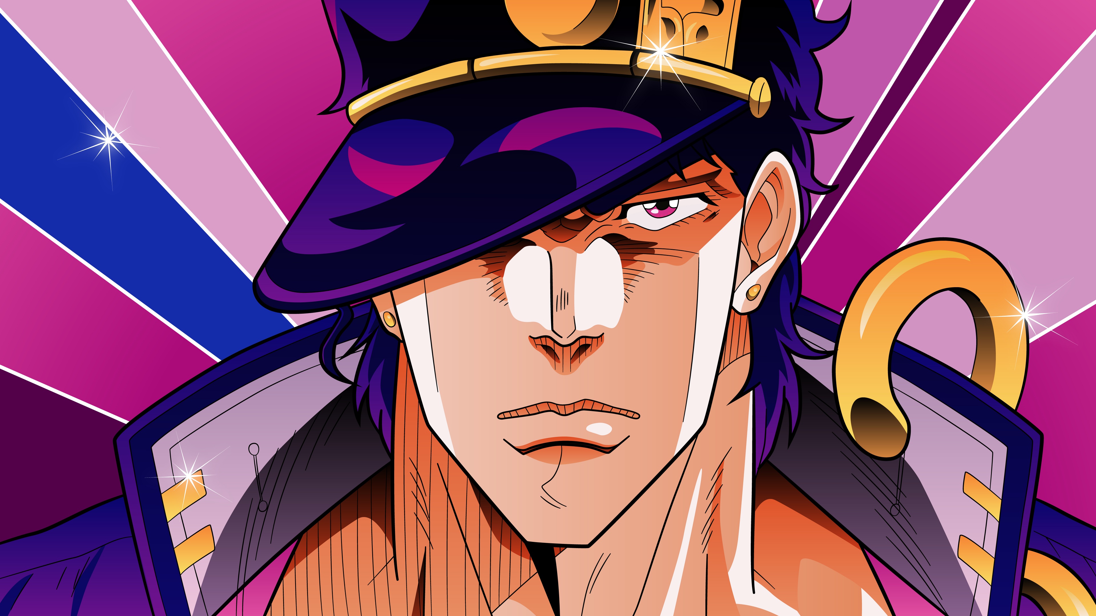 A vibrant pop art illustration of Jotaro Kujo from JoJo's Bizarre Adventure featuring bold, colorful graphic elements.