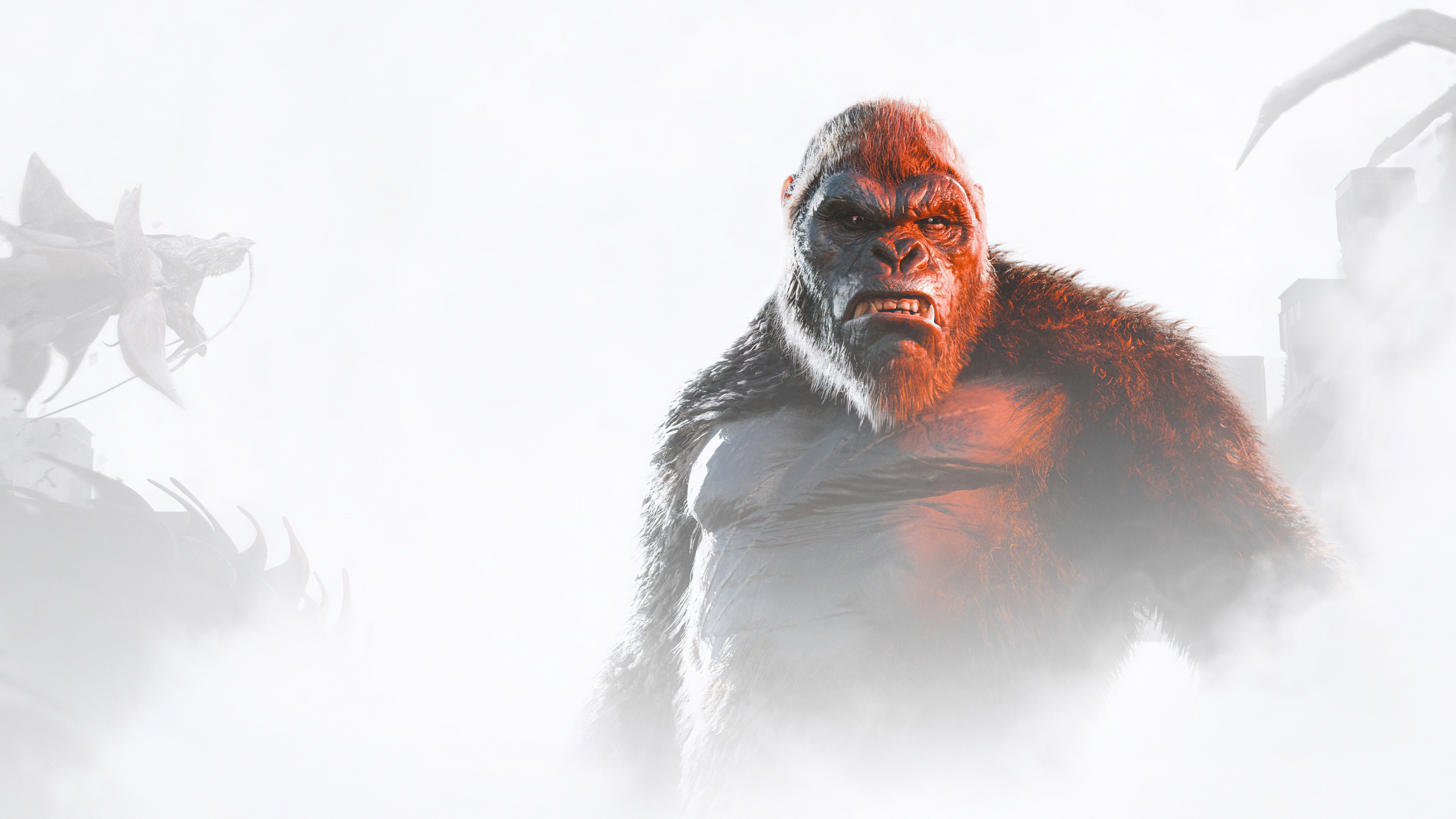 A hyper-realistic, cinematic close-up of King Kong displaying his powerful features and intense gaze in a lush jungle setting from the game Kong: Survivor Instinct.