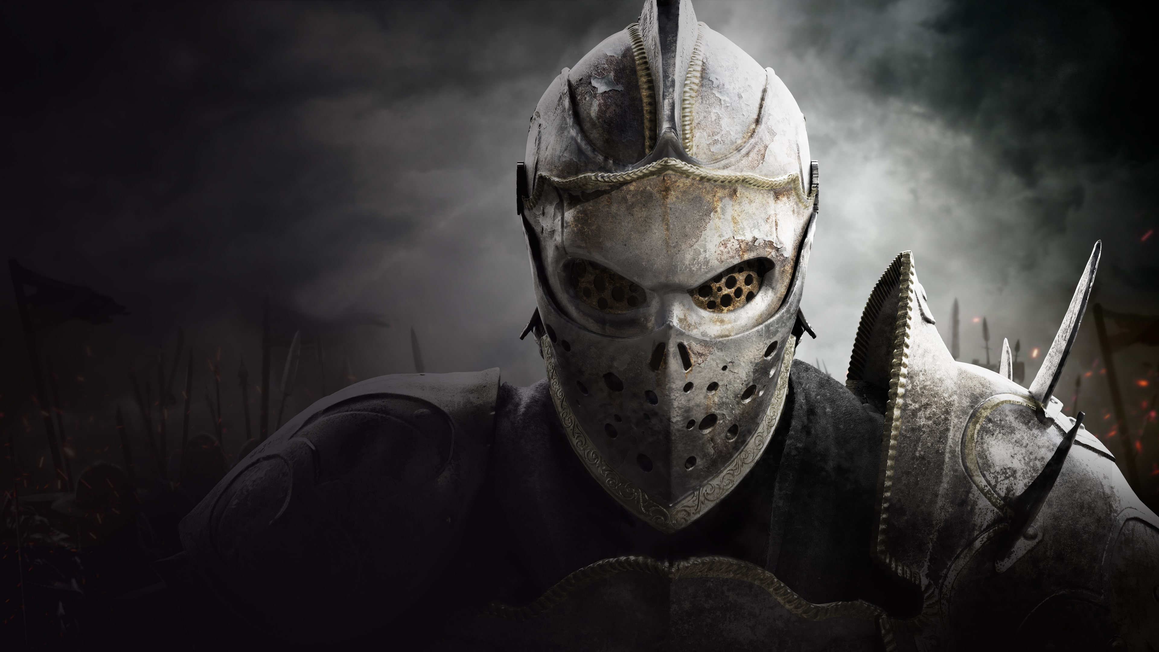 A heavily armored Knight from the video game For Honor, standing ready for battle.