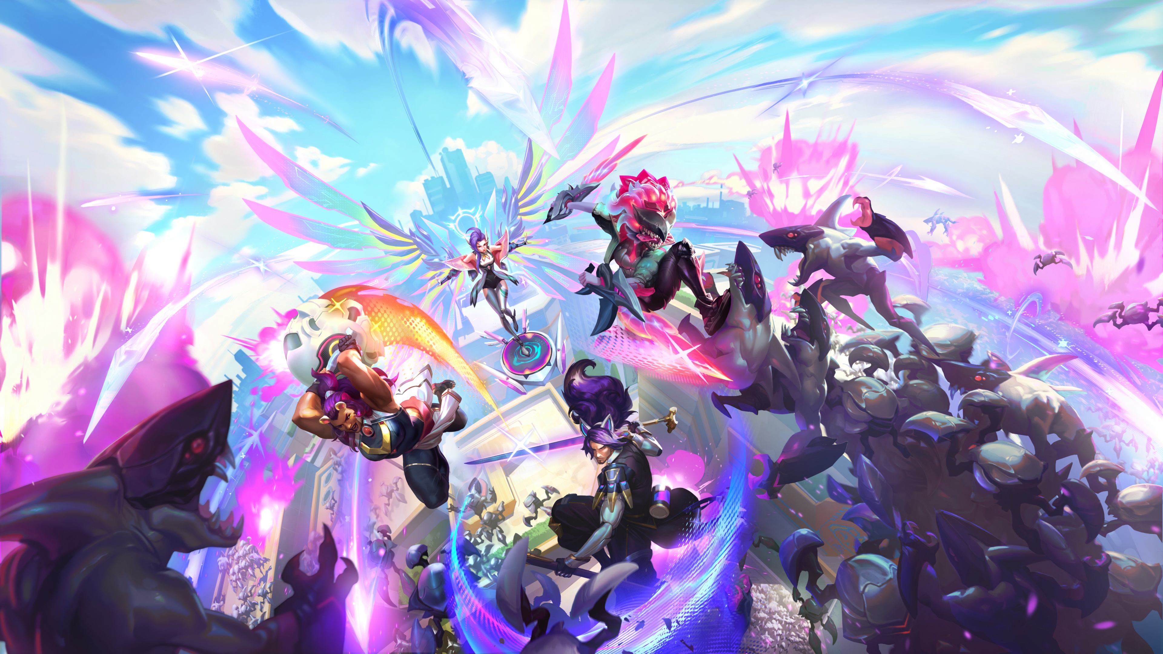 A high-definition cinematic group shot of various League of Legends champions standing together in a battle-ready squad formation.