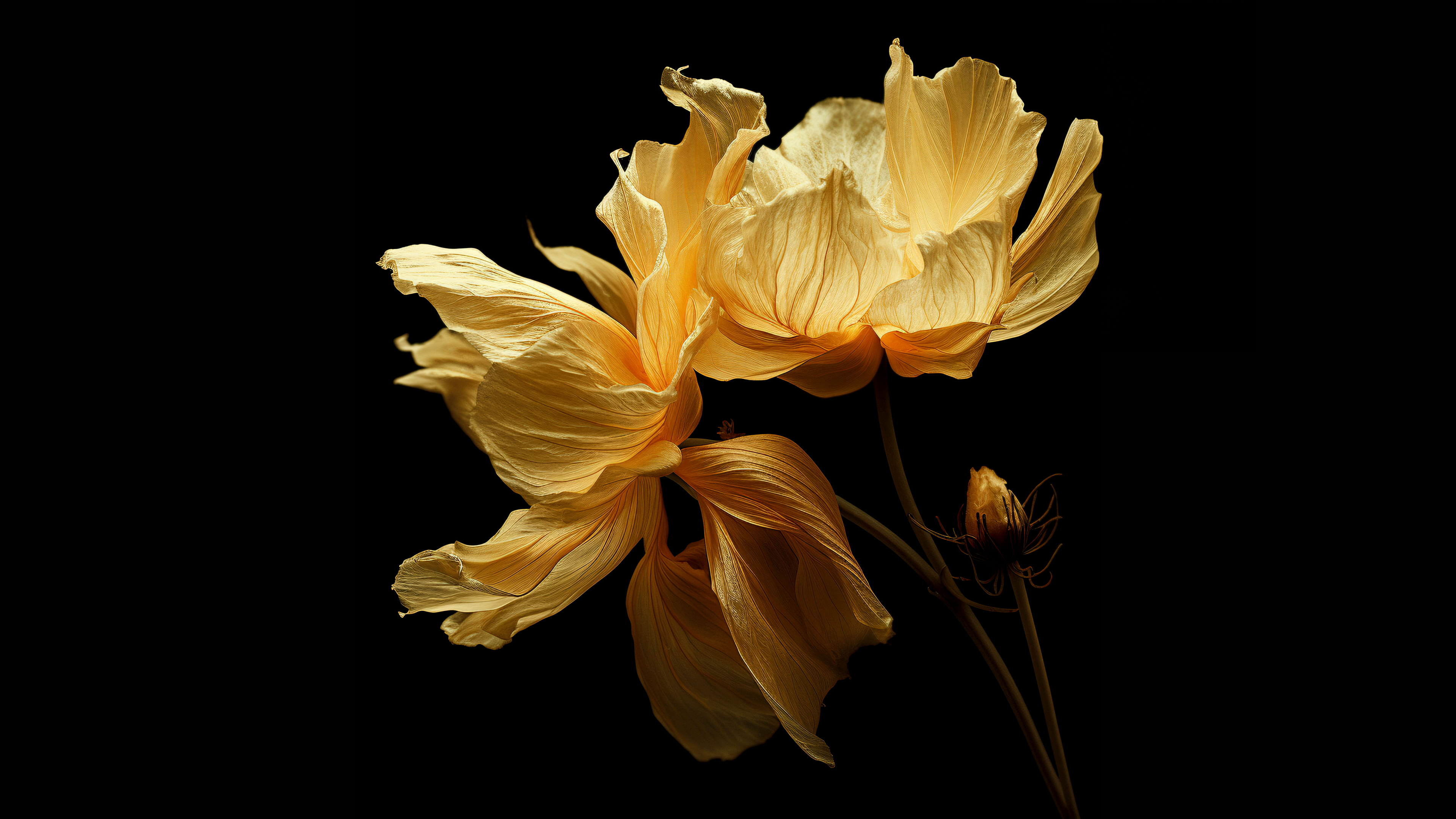 Close-up digital render of bright yellow flowers against a pitch-black background.