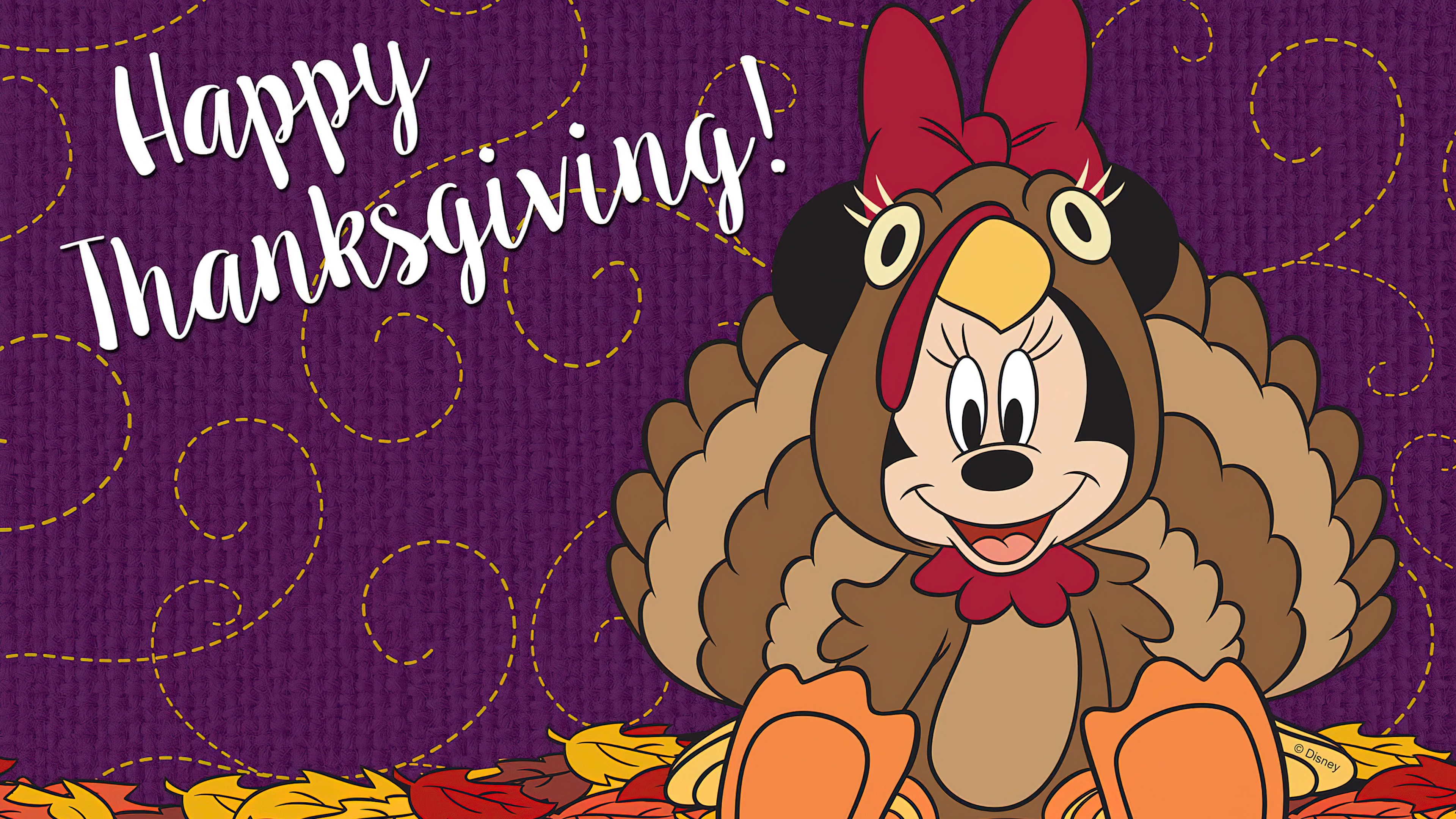 Minnie Mouse from Disney with a turkey on a purple background for Thanksgiving
