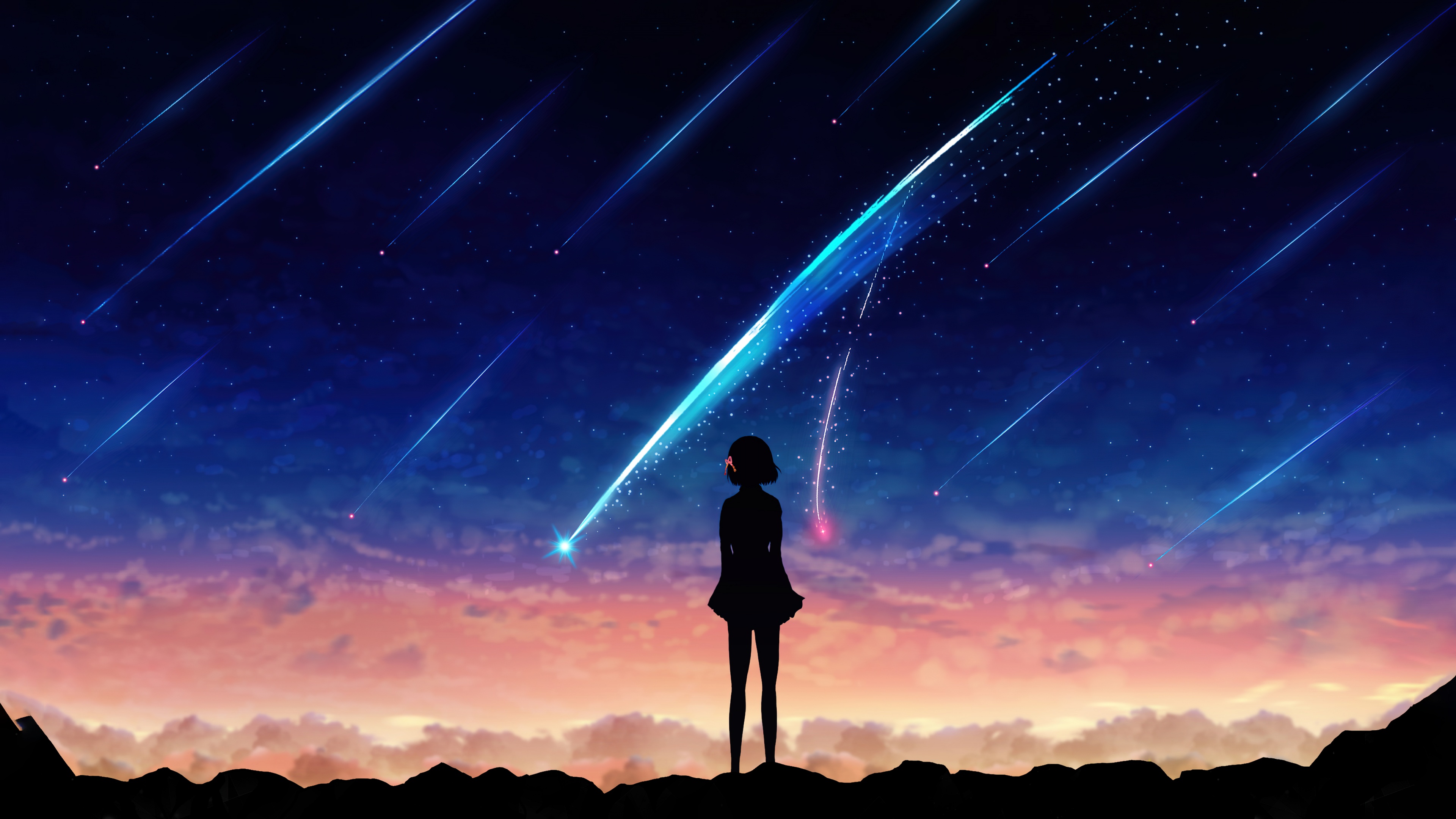 A lofi silhouette of Mitsuha Miyamizu from Your Name under a cosmic sky featuring Comet Tiamat and shooting stars.