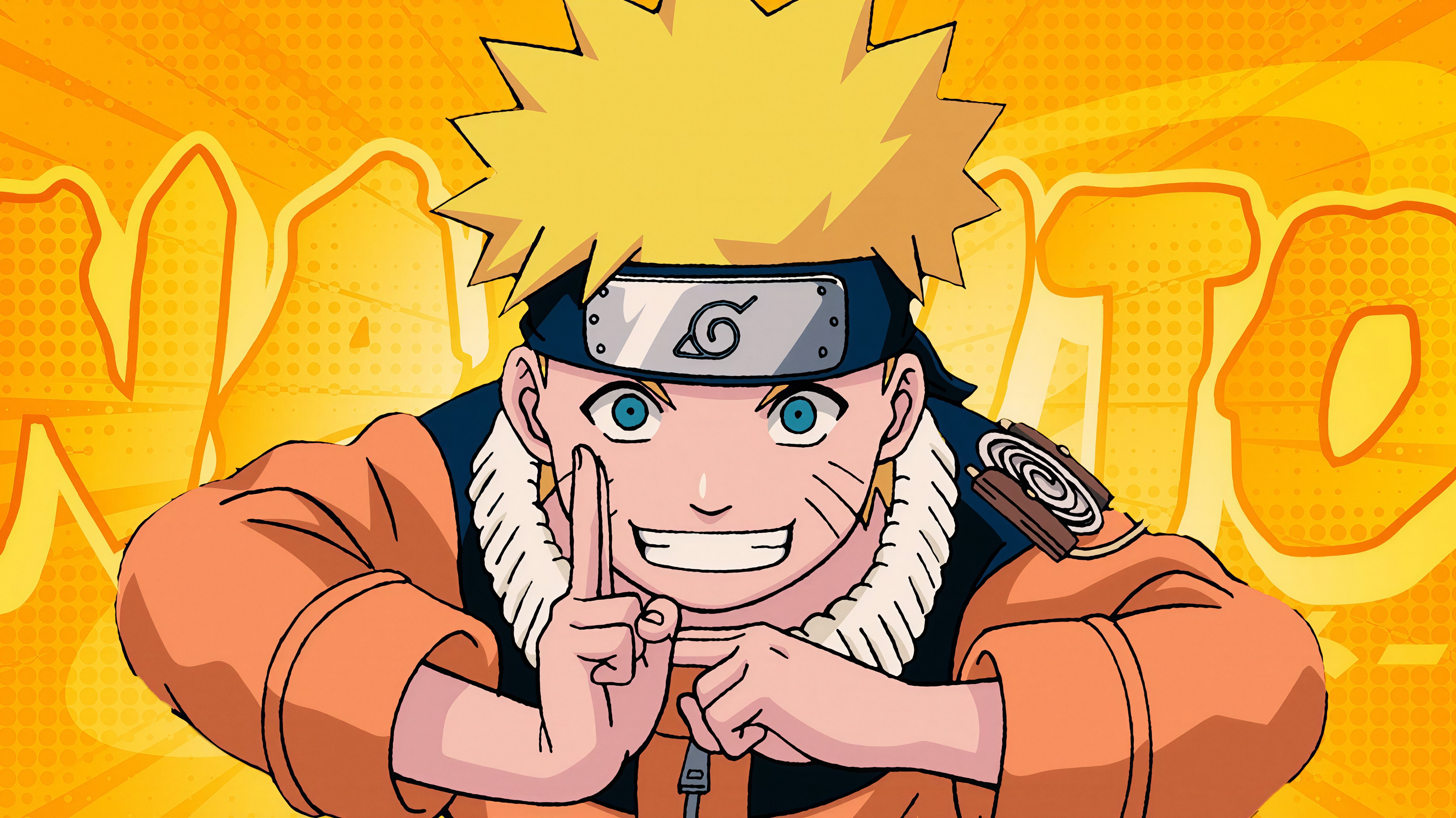 A high-quality portrait of Naruto Uzumaki from the Naruto anime series set against a bright orange background.