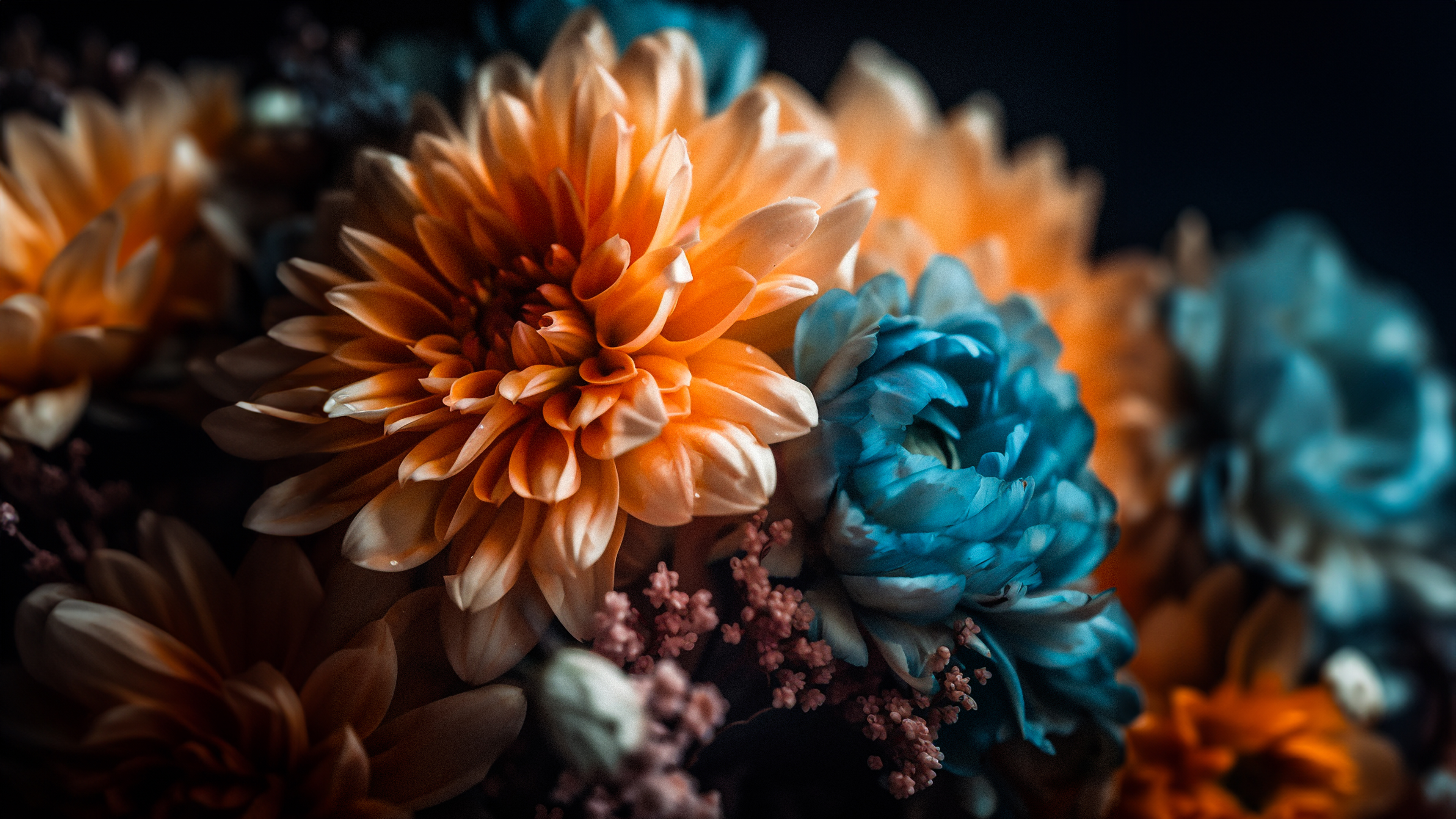 Detailed digital art of colorful chrysanthemum flowers in full bloom.