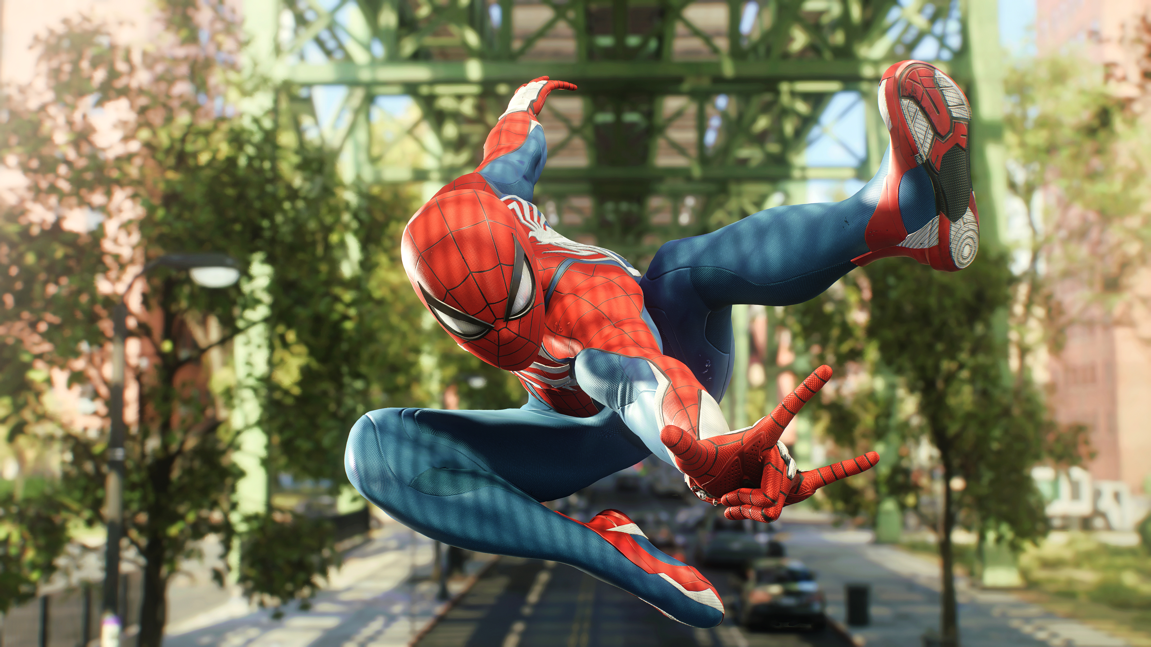A cinematic photo mode shot of Spider-Man from the video game Marvel's Spider-Man 2.