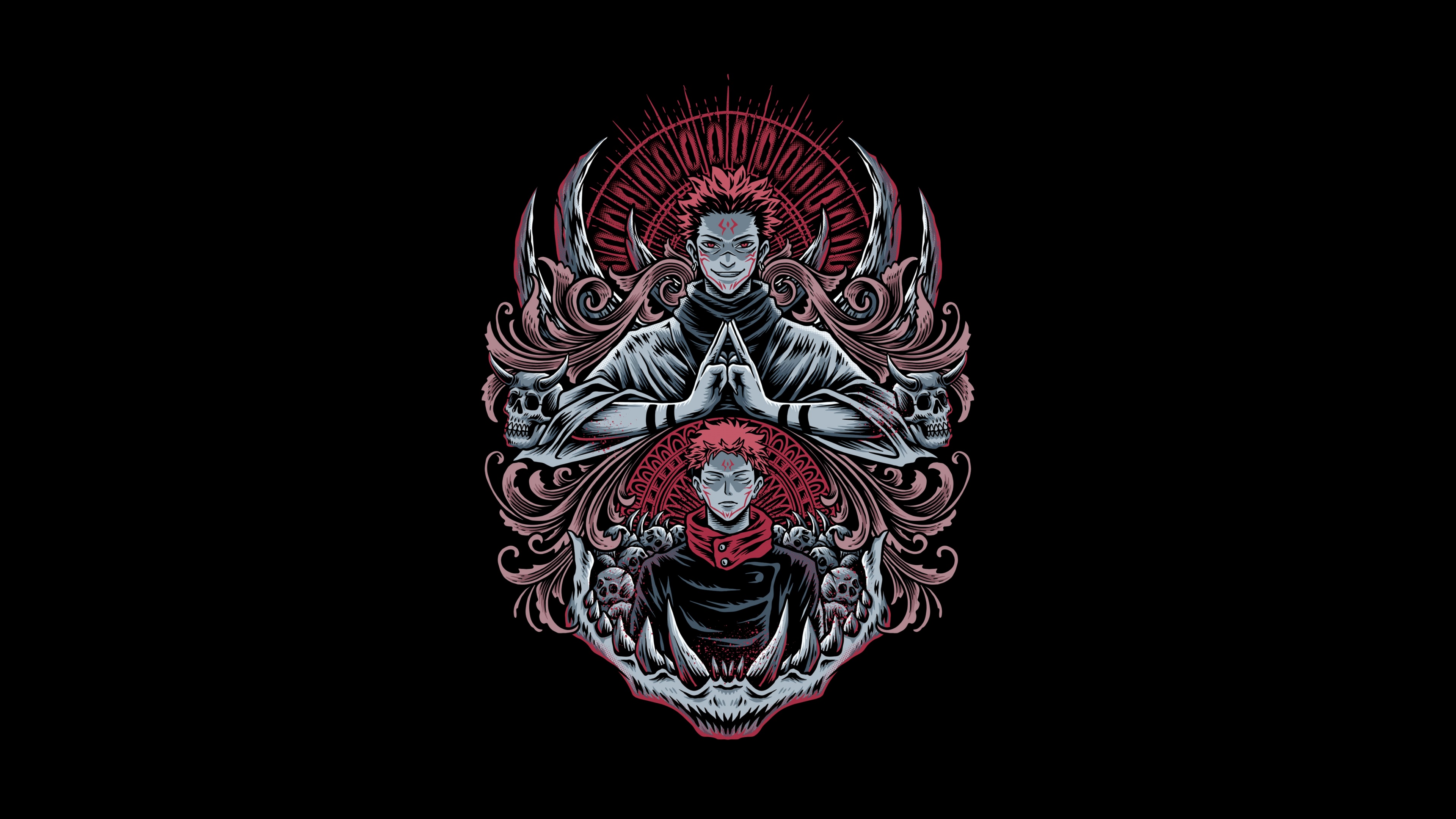 A high-contrast, minimalist portrait of Sukuna from Jujutsu Kaisen against a solid black background.