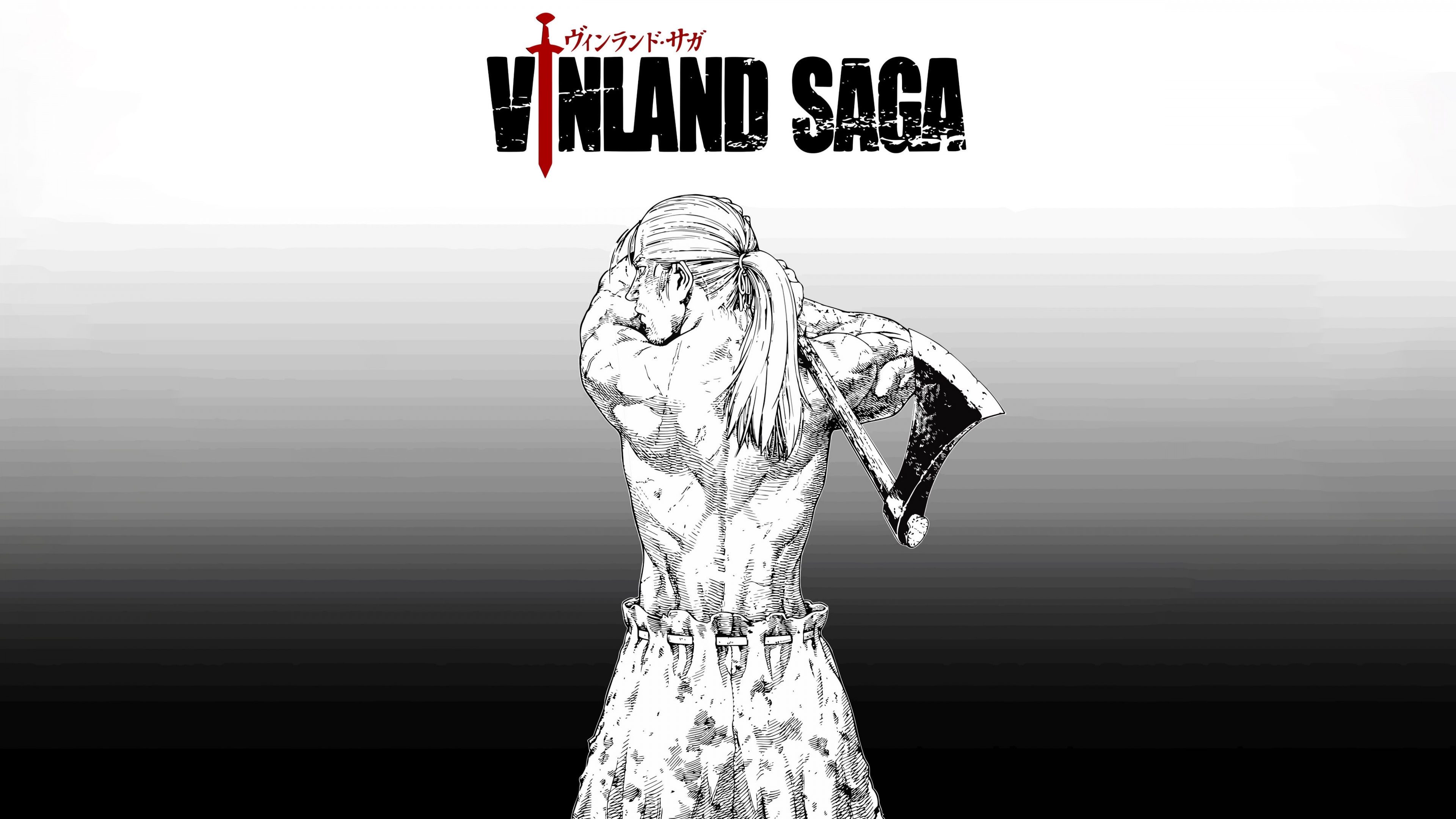 A cinematic black and white portrait of Thorfinn from Vinland Saga.