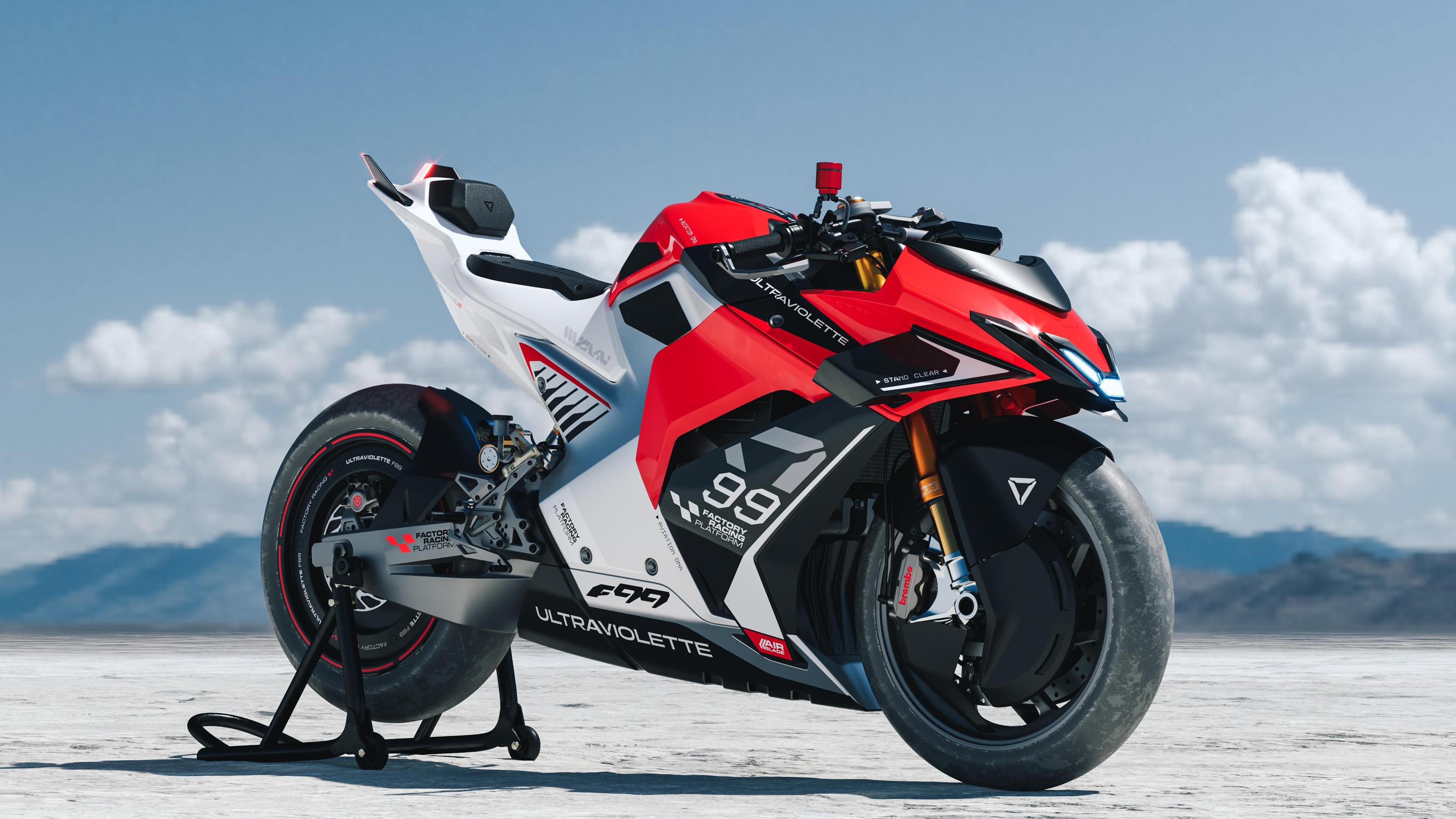 A futuristic and aerodynamic Ultraviolette F99 electric sports motorcycle, highlighting its sleek 2024 design and high-performance electric components.