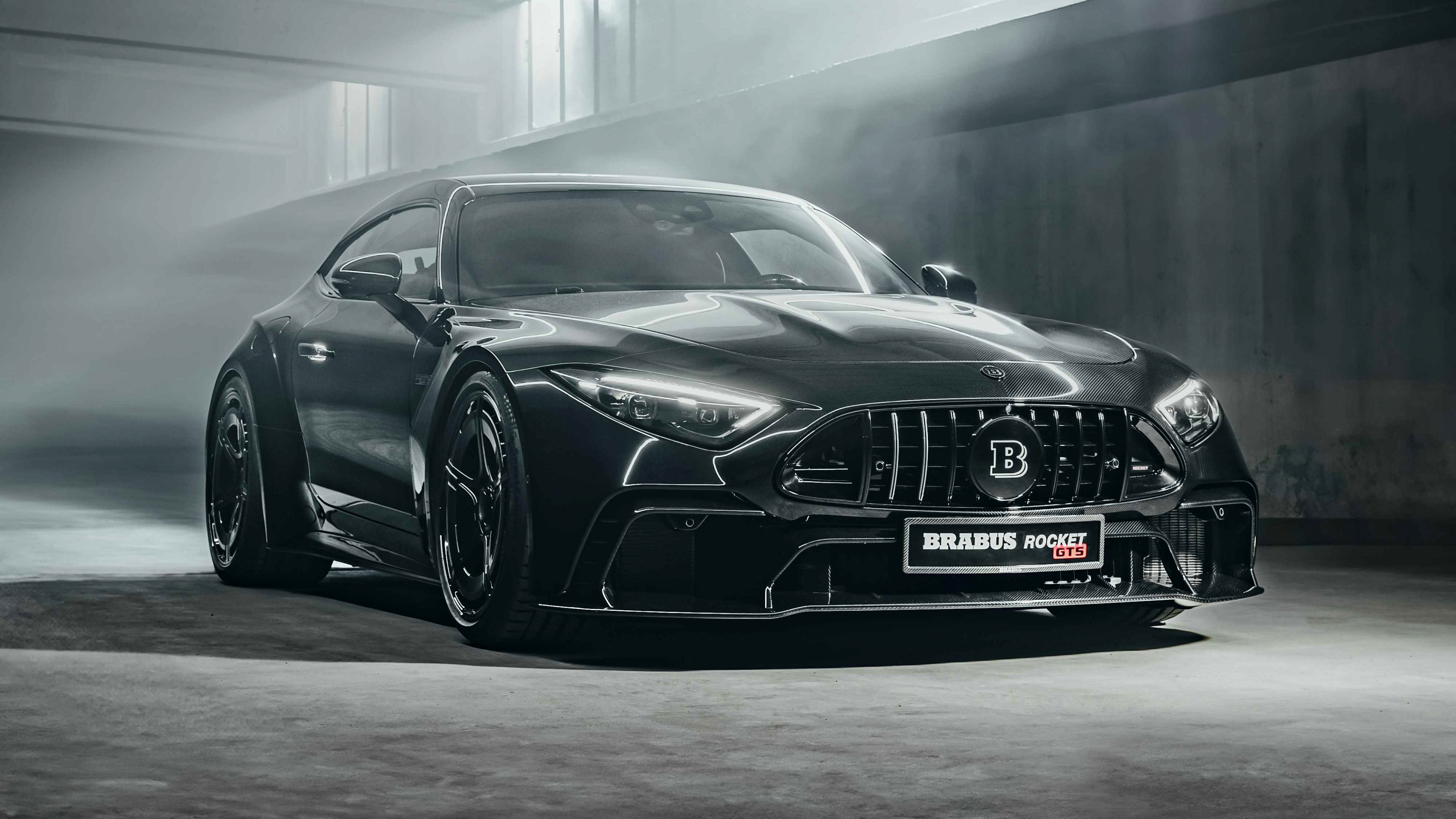 A sleek, all-black 2024 Brabus Rocket GTS based on the Mercedes-AMG SL 63 performance car.