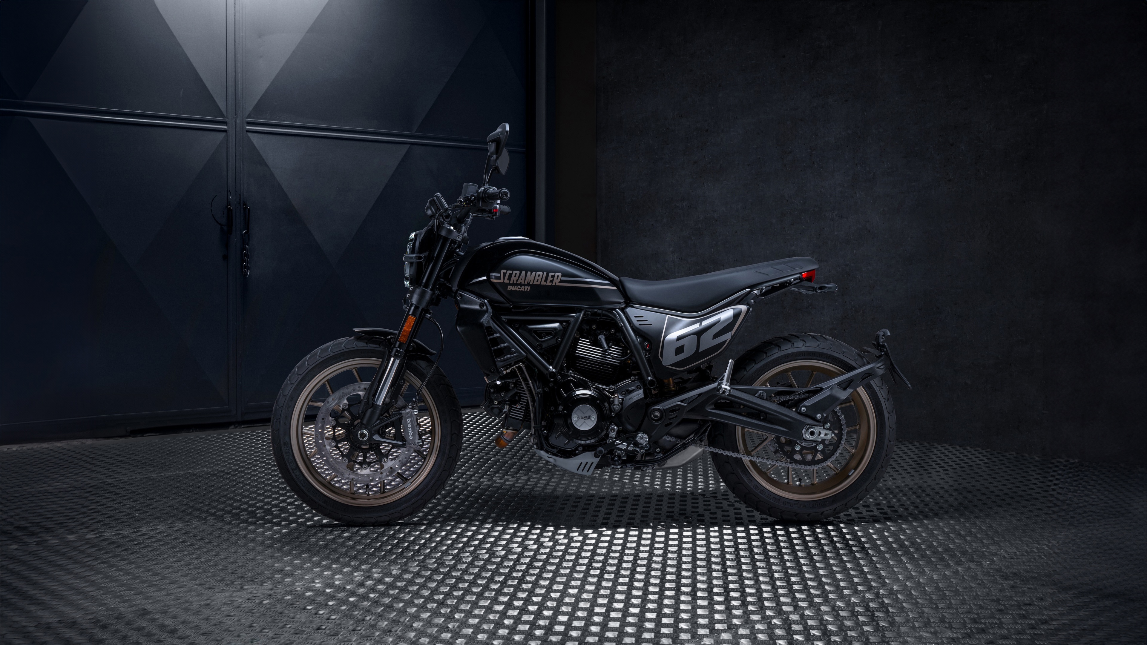 A high-detail 5K shot of a 2025 Ducati Scrambler Full Throttle motorcycle featuring brilliant chrome accents and a modern classic design.