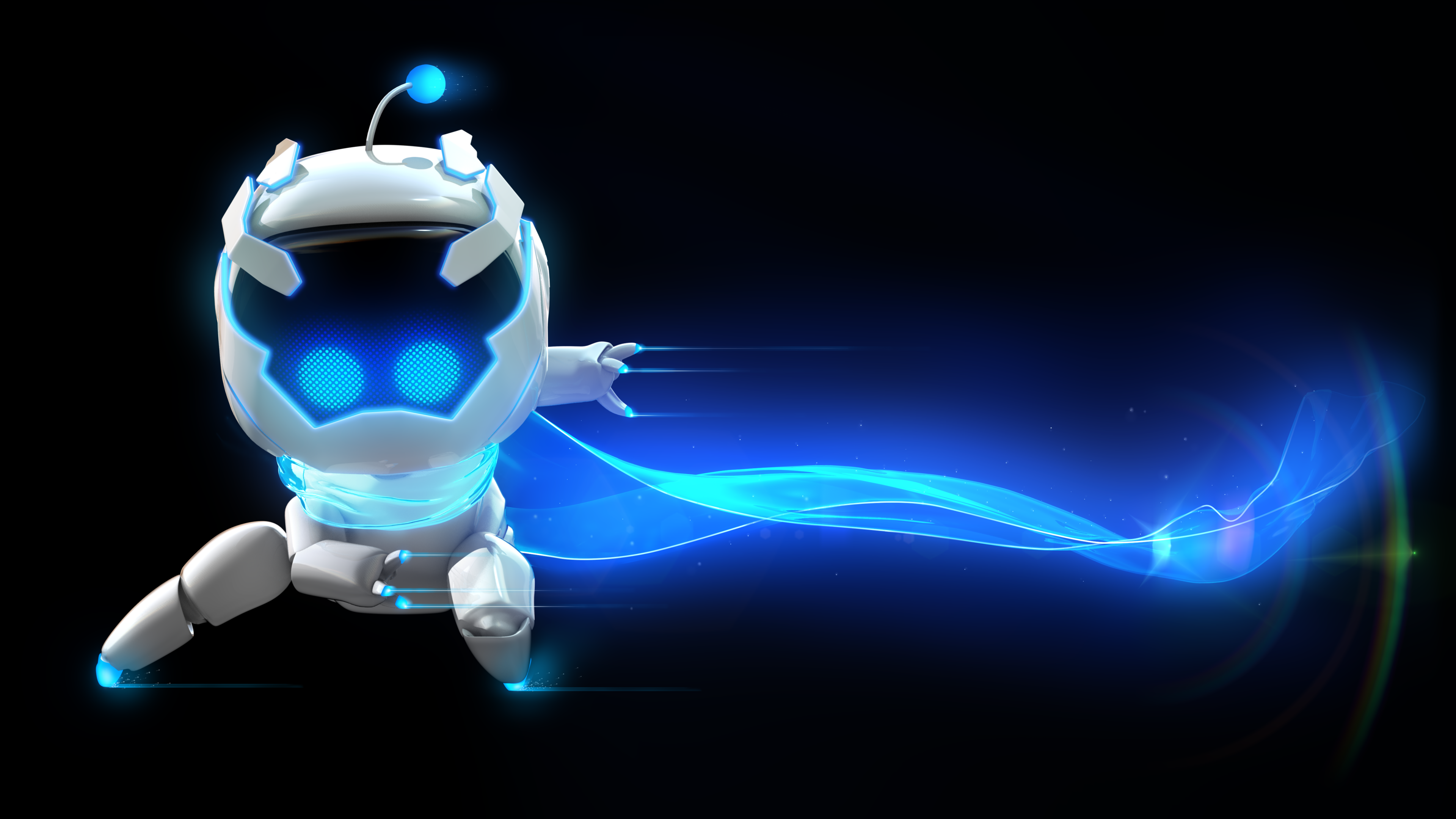 A detailed close-up of the Astro Bot robot from the PlayStation 5 game series against a pitch-black background.