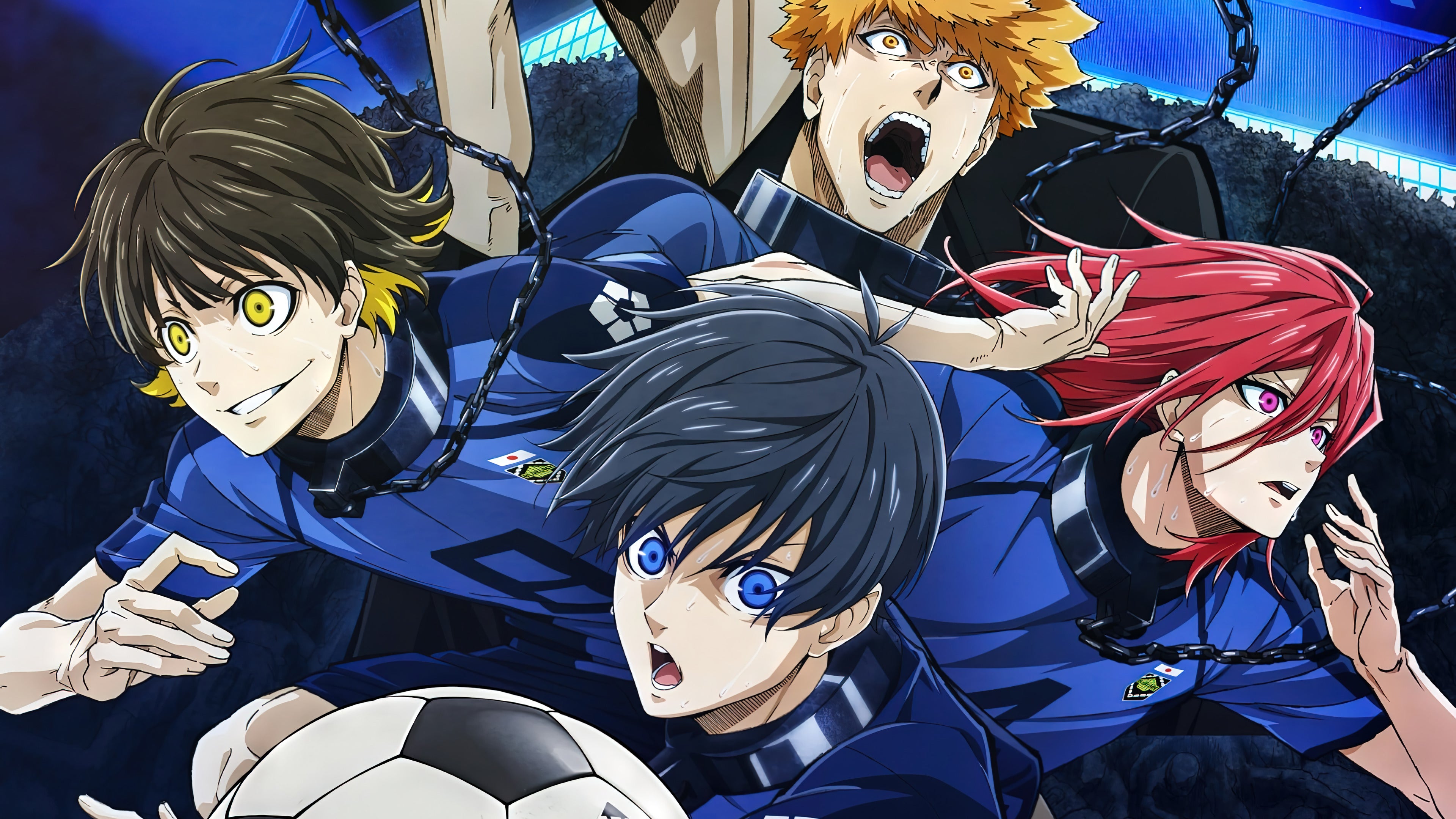 A high-quality anime poster featuring Blue Lock characters Yoichi Isagi, Meguru Bachira, Hyoma Chigiri, and Rensuke Kunigami.