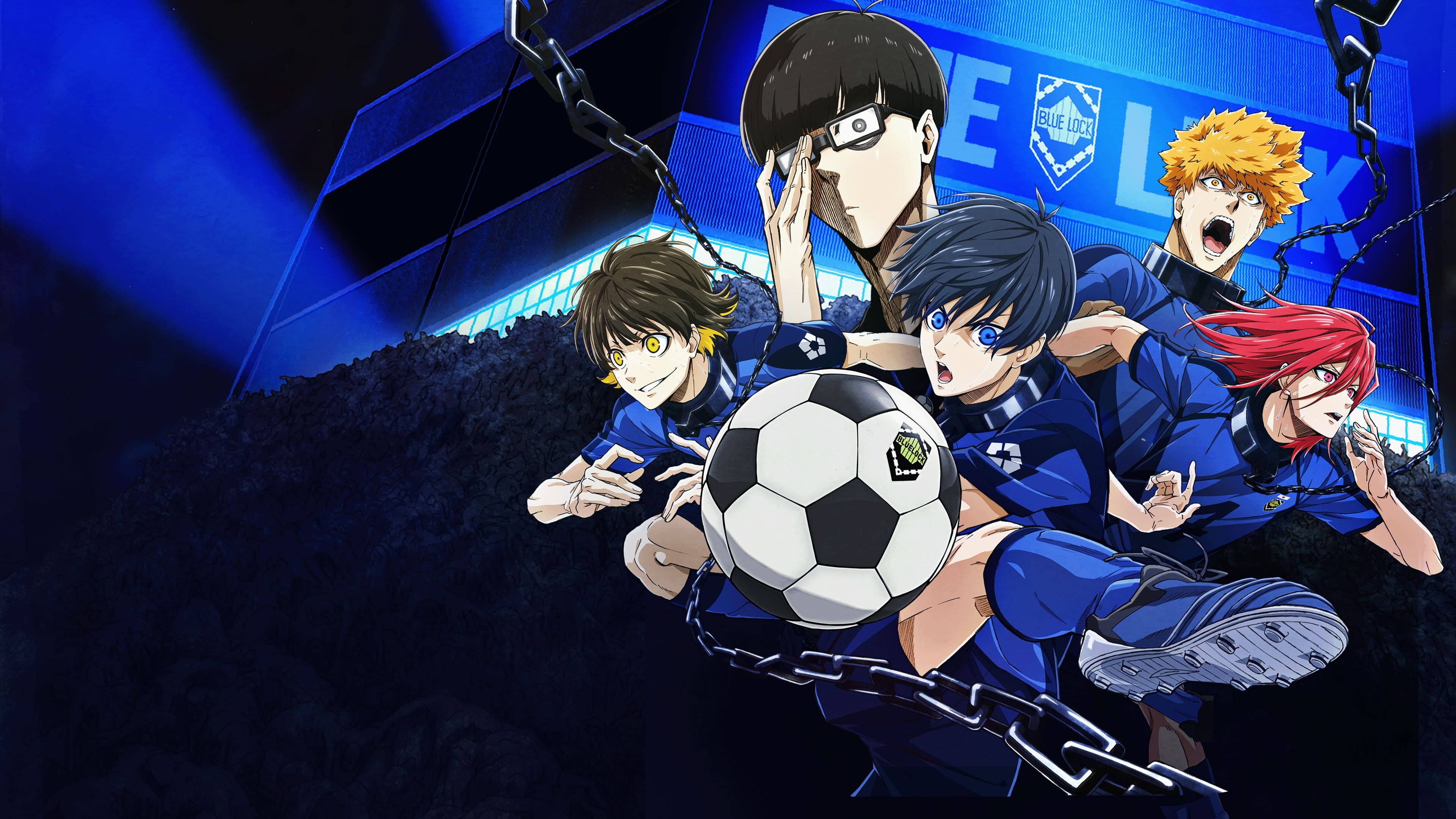 Key characters from the Blue Lock anime series: Yoichi Isagi, Meguru Bachira, Hyoma Chigiri, Rensuke Kunigami, and Jinpachi Ego.