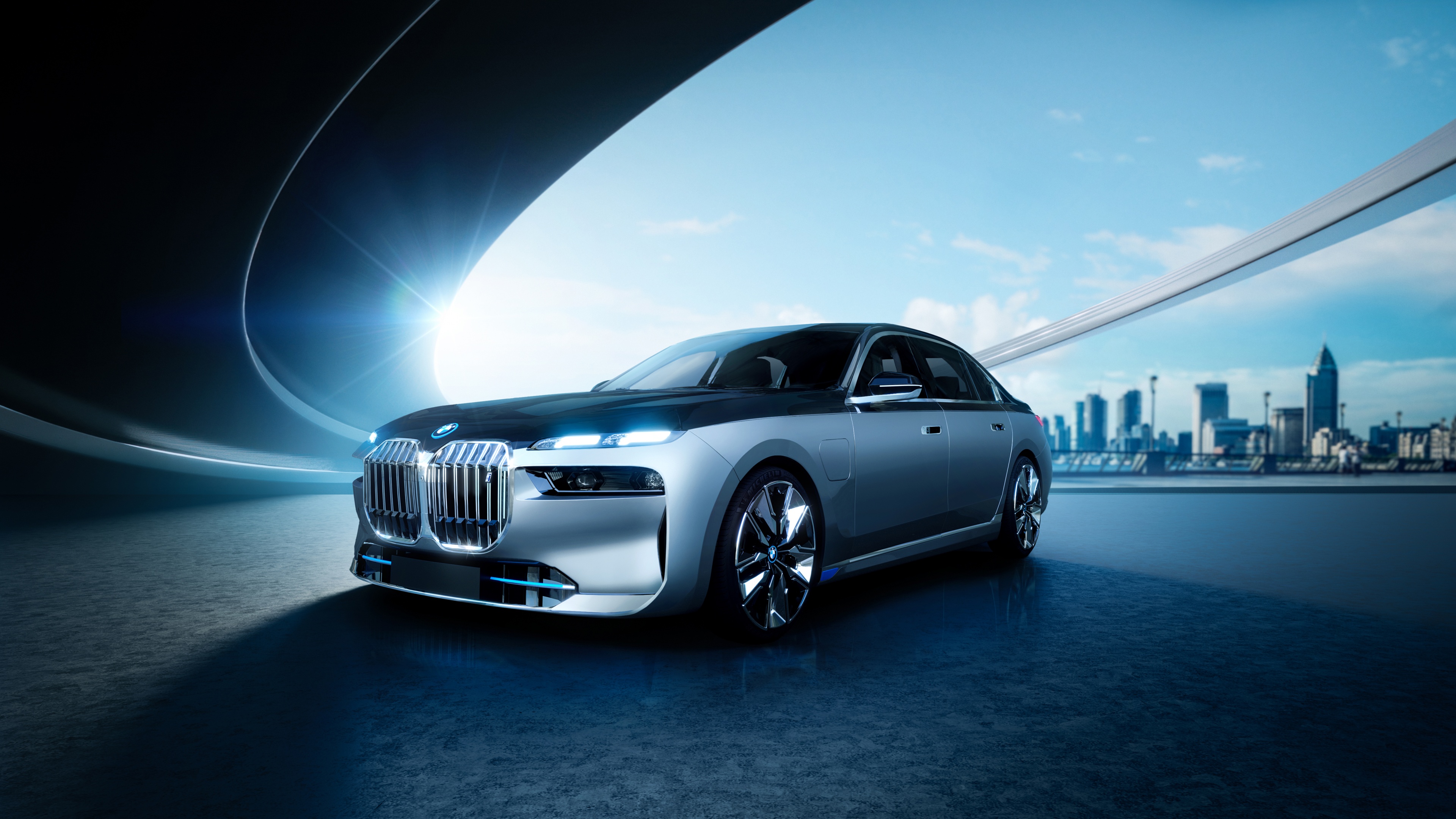 Detailed CGI render of a BMW i7 luxury electric sedan featuring sleek modern design.