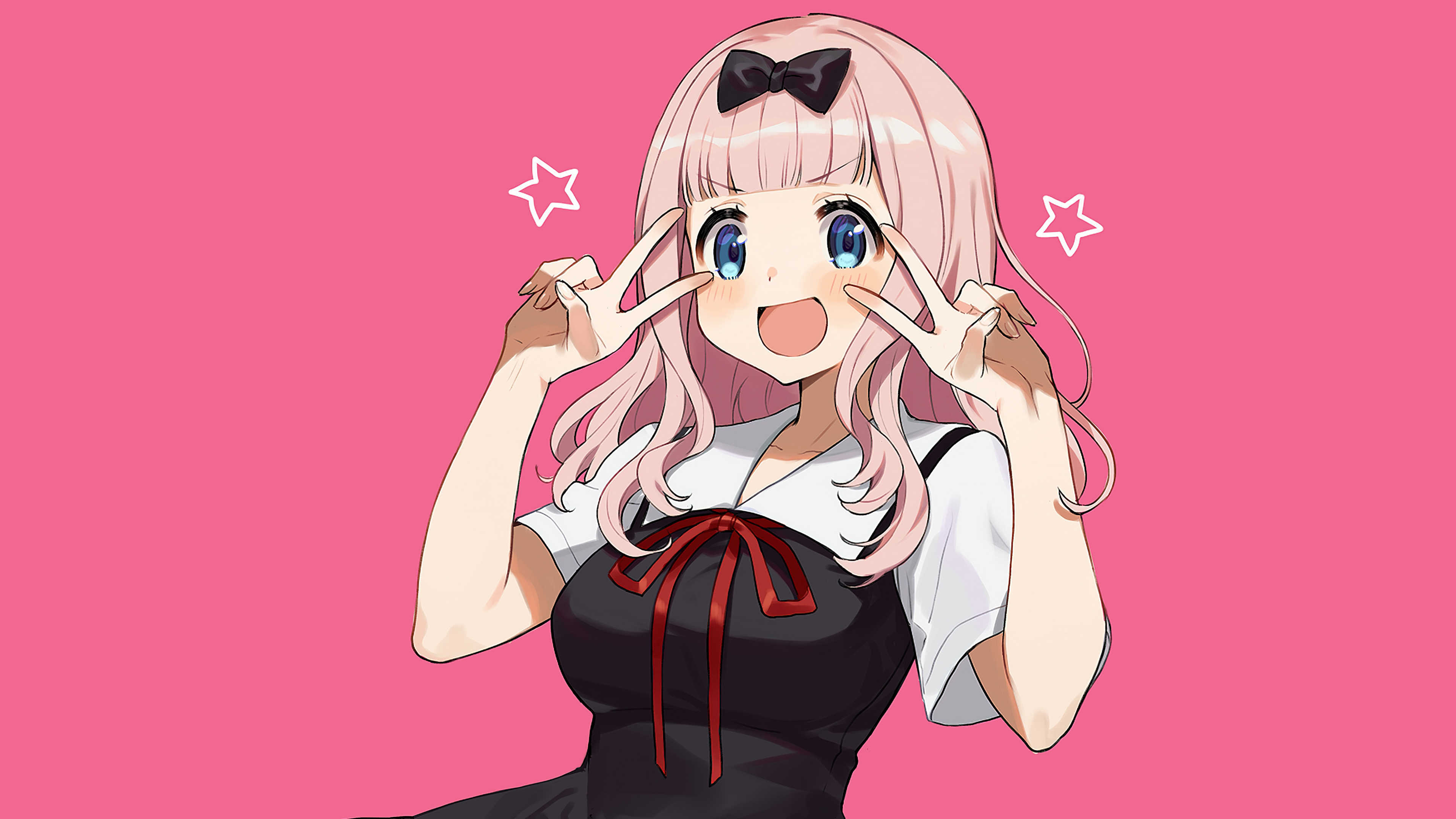 Chika Fujiwara from Kaguya-sama: Love is War with a pink girly anime background