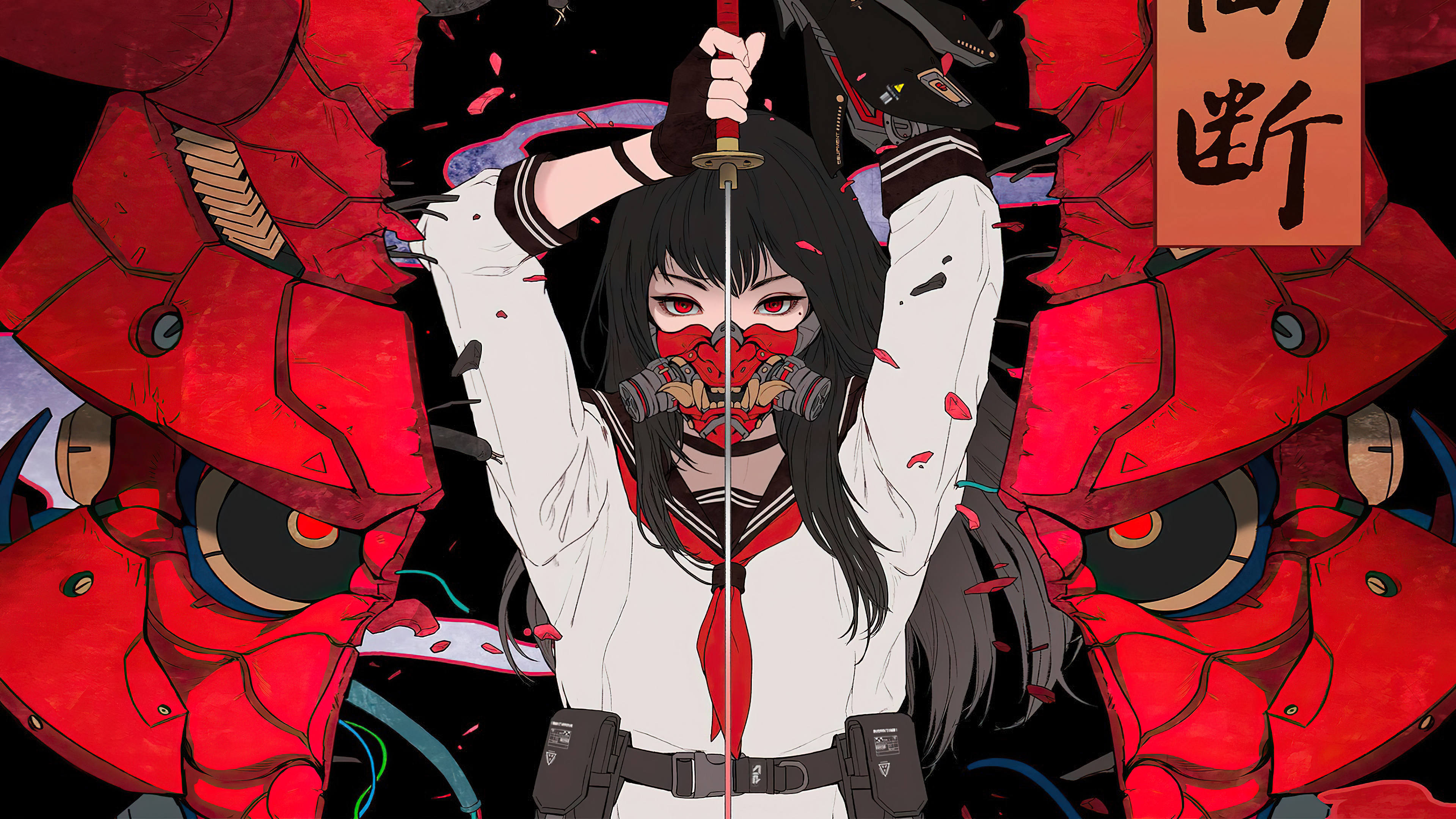 Anime girl in a school uniform and gas mask wielding a katana in a cyberpunk setting.