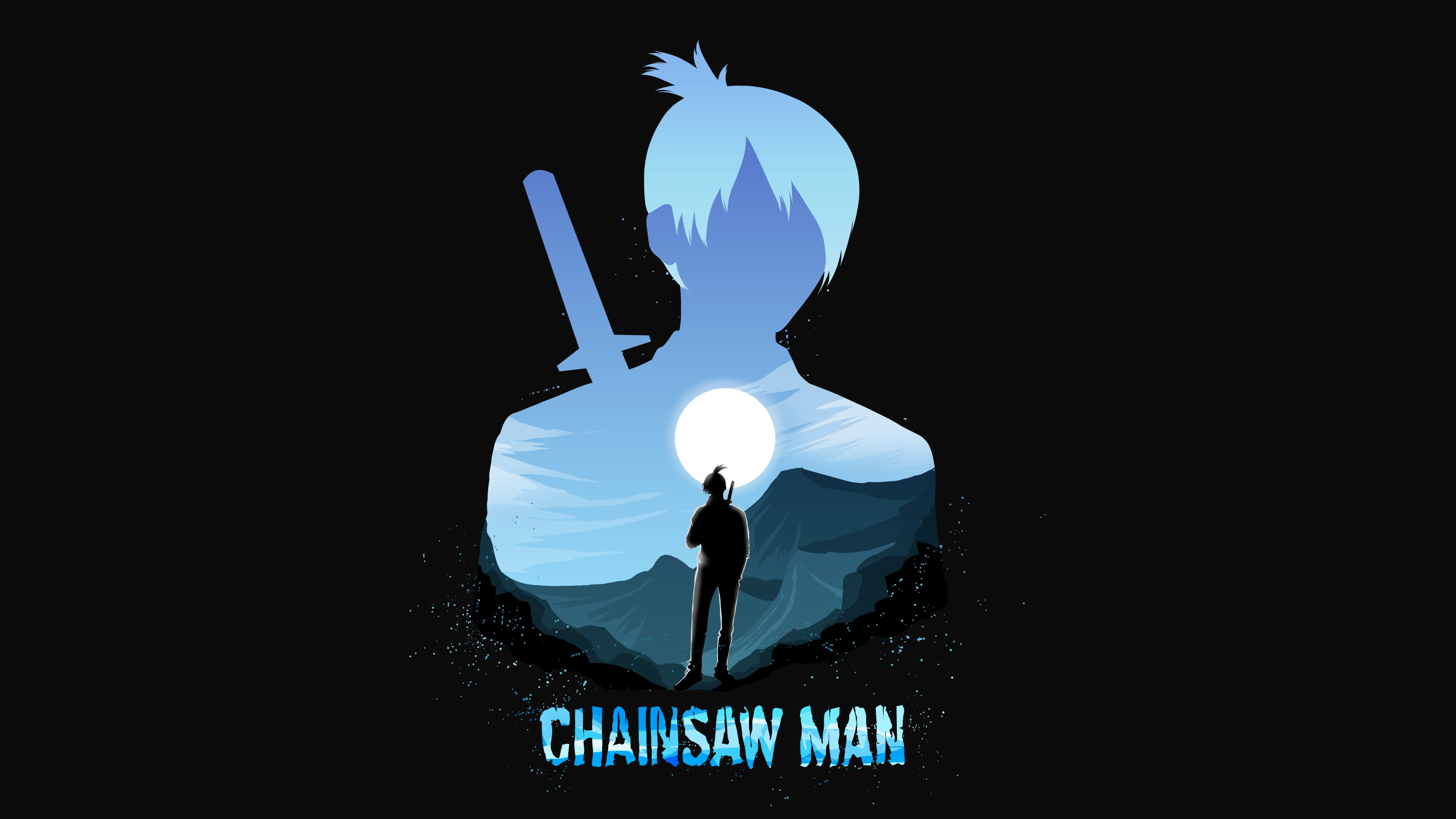 A high-contrast, dark-themed portrait of Denji as Chainsaw Man with glowing orange saws and intense eyes against a black background.