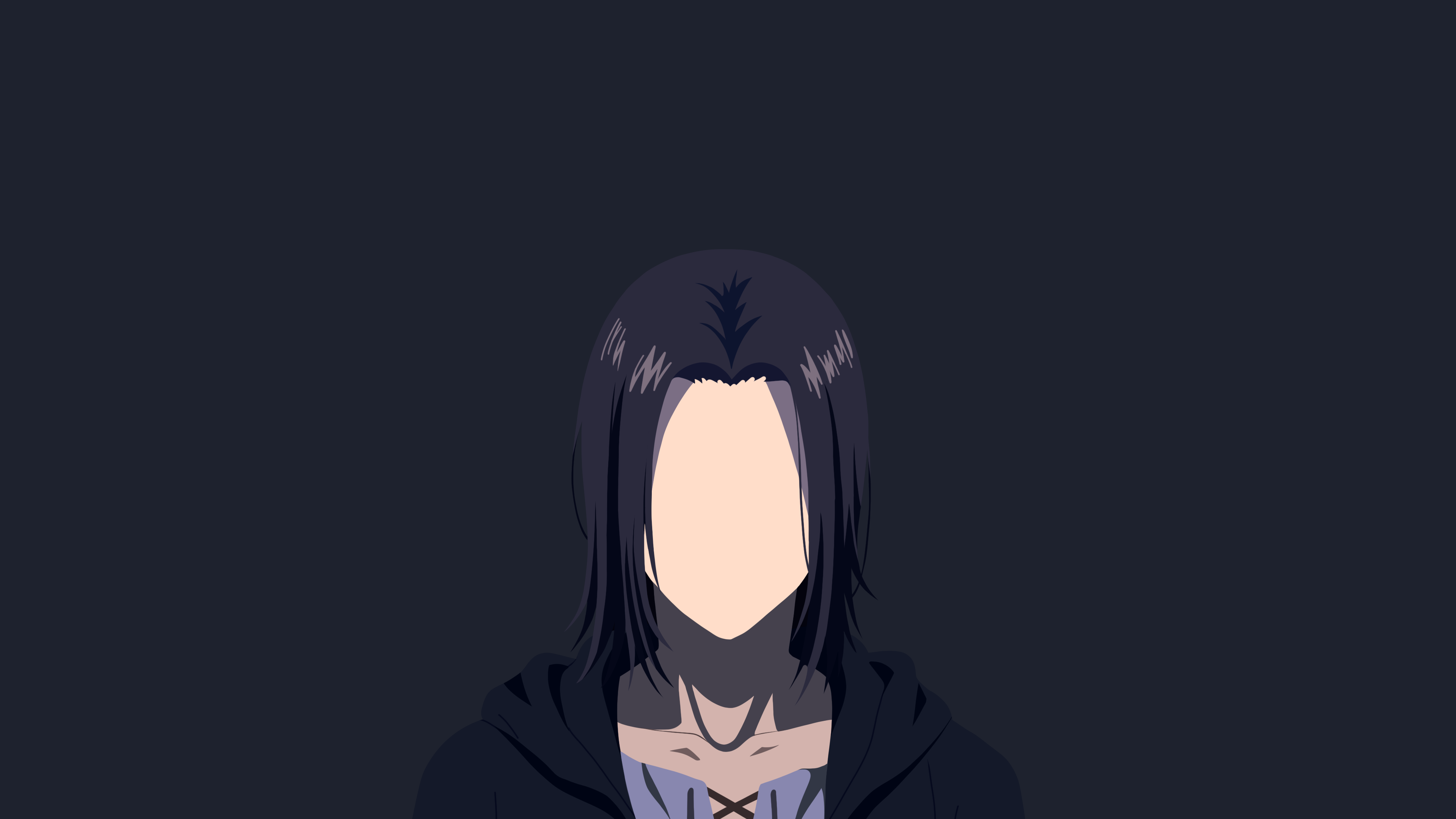 A minimalist, faceless silhouette of Eren Yeager from Attack on Titan against a dark, simple background.