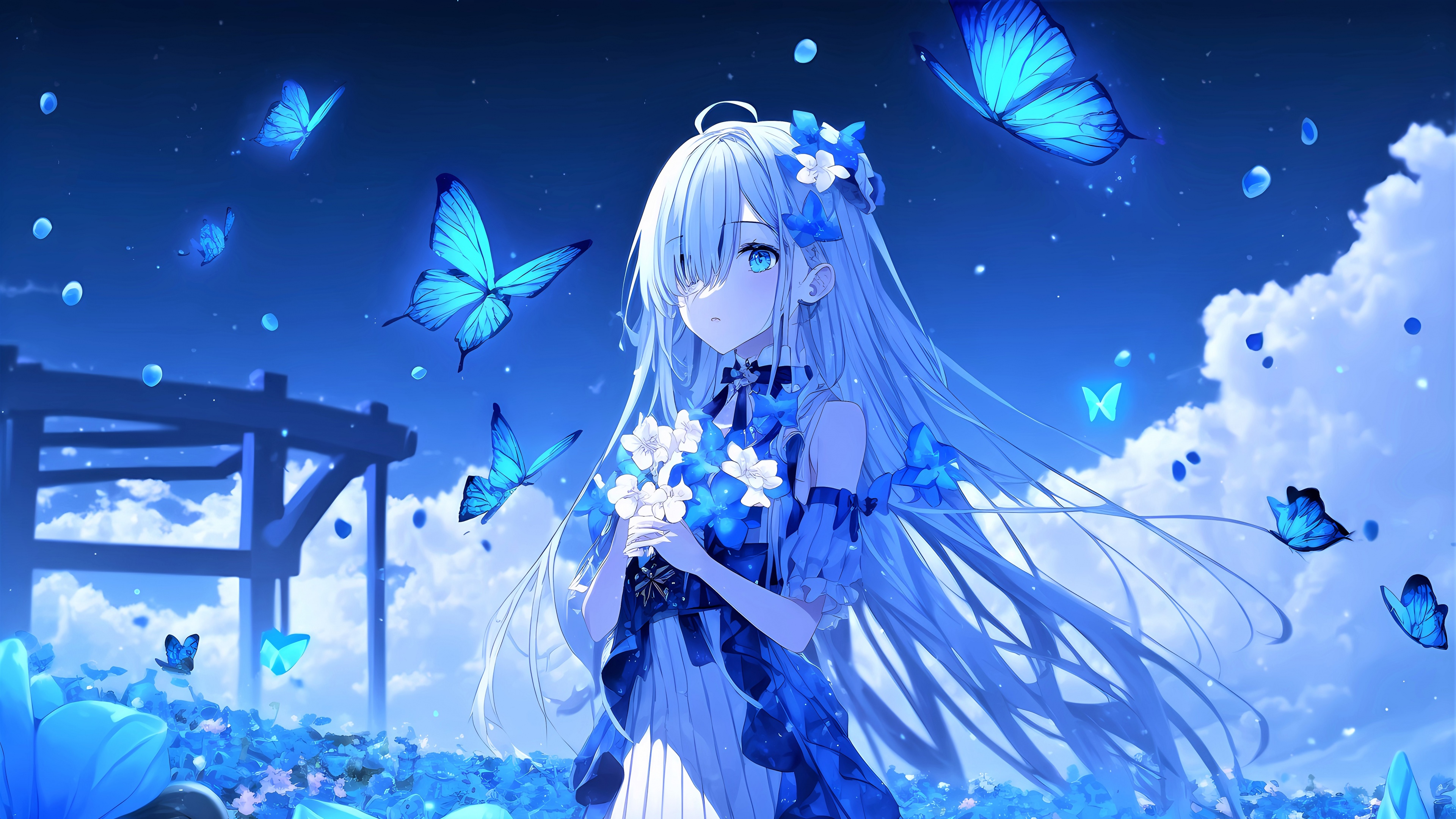A beautiful anime girl surrounded by floating butterflies against a serene blue background.