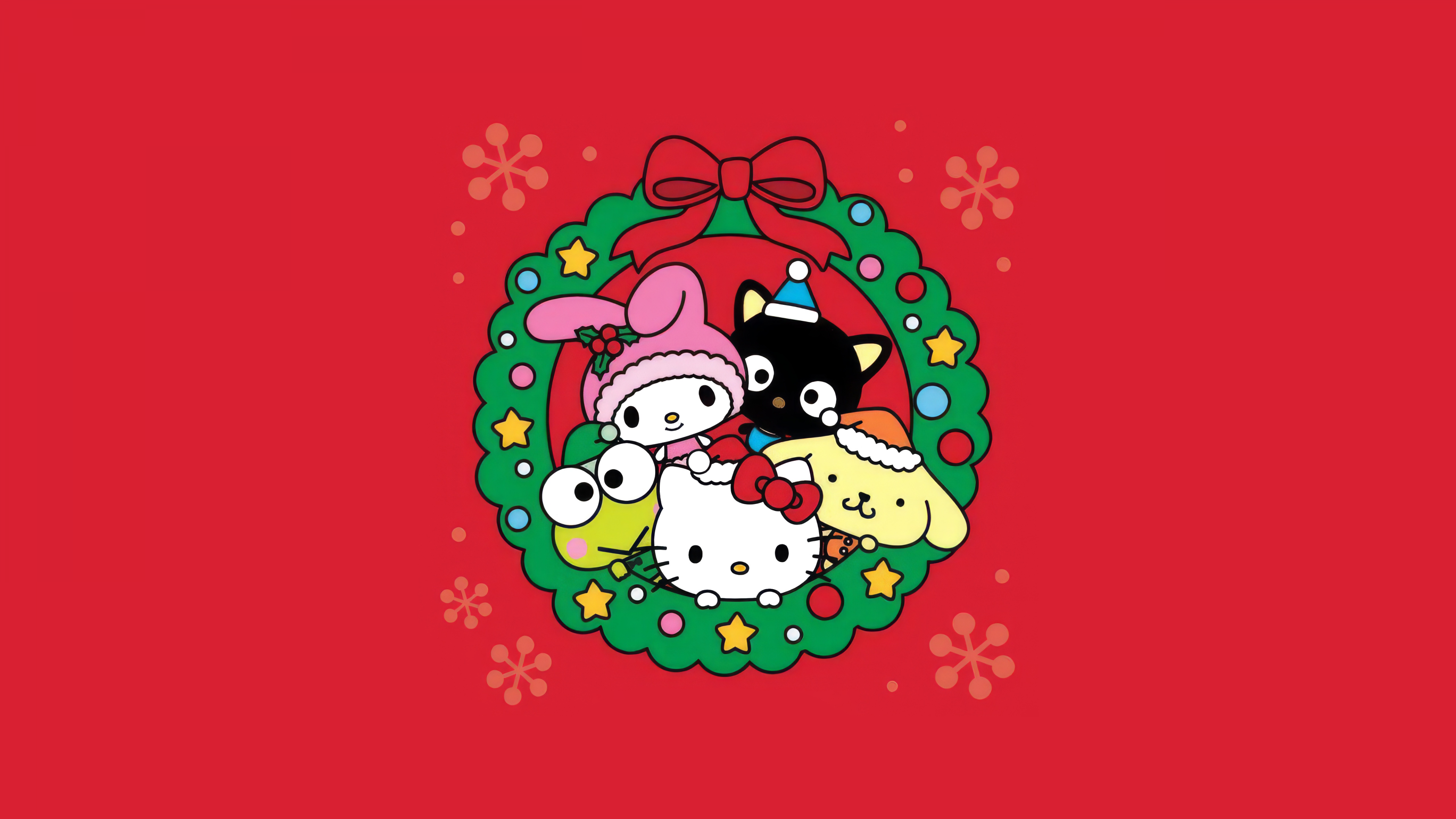 A festive Christmas wreath decorated with Sanrio characters Hello Kitty, My Melody, Keroppi, and Pompompurin on a bright red background.