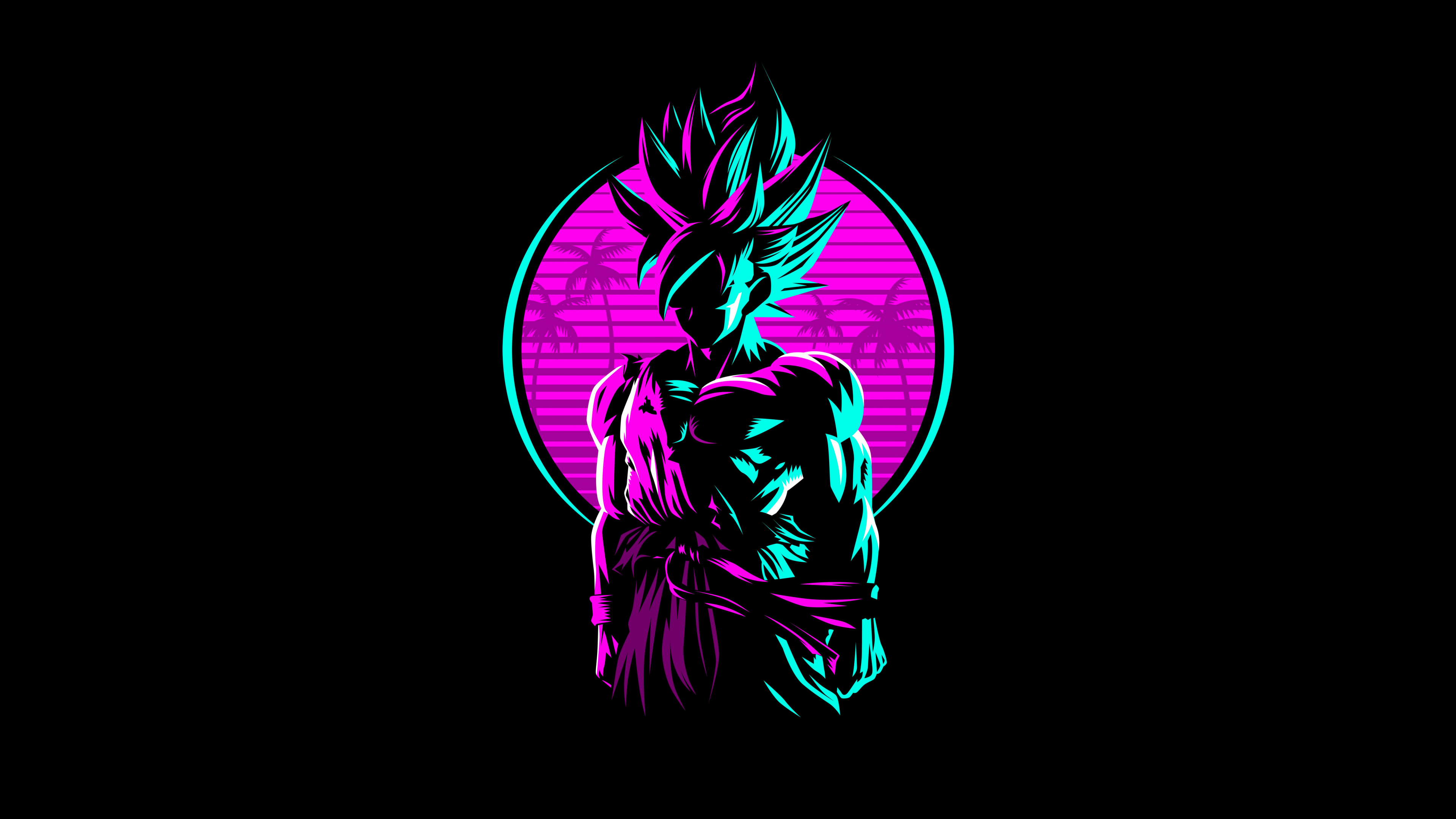 Neon glowing artwork of Goku from Dragon Ball on a dark AMOLED black background
