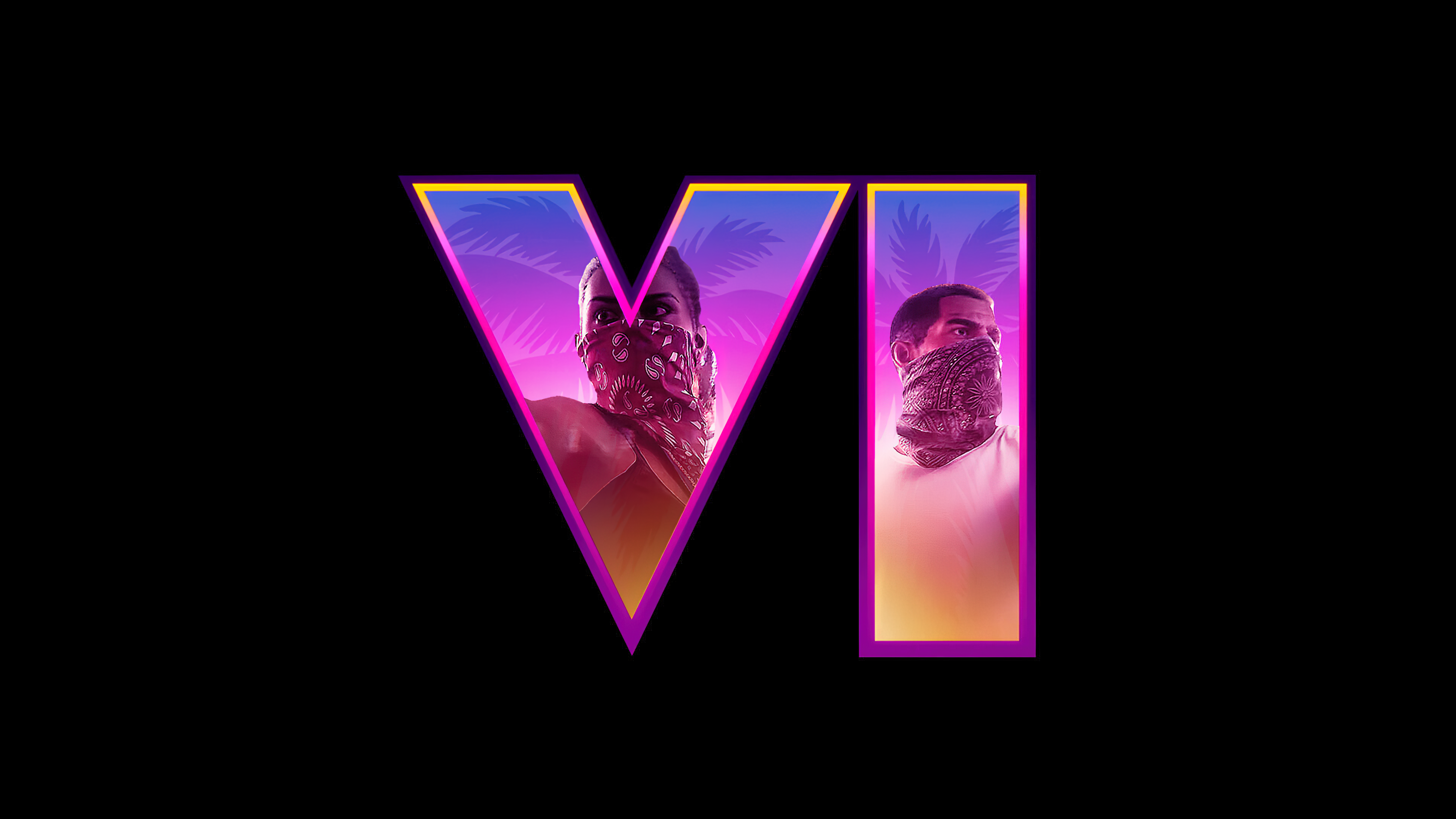 High-contrast character art from Grand Theft Auto VI featuring cinematic lighting on a black AMOLED background.