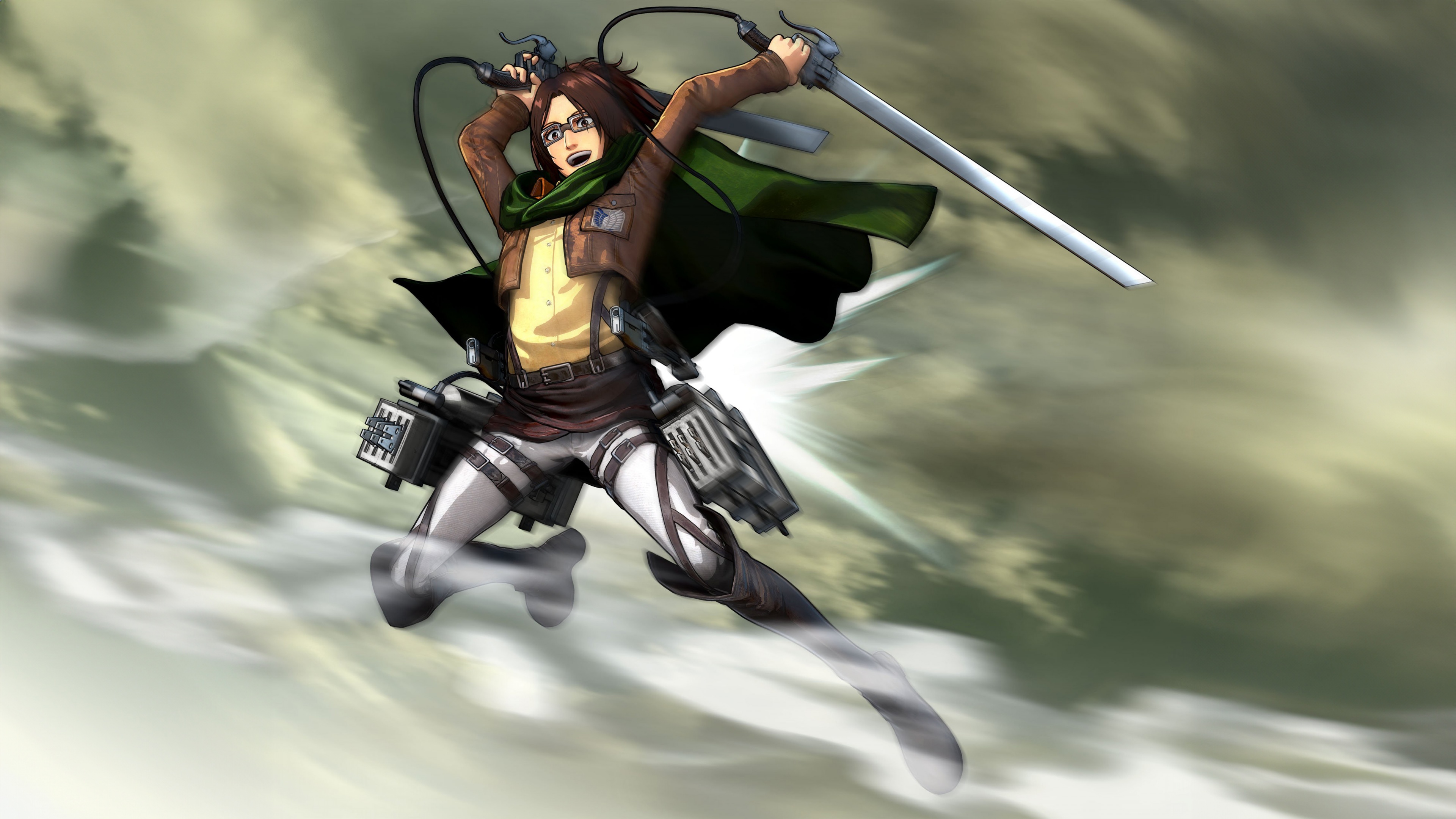 A high-resolution 5K portrait of Hange Zoe from the anime Attack on Titan