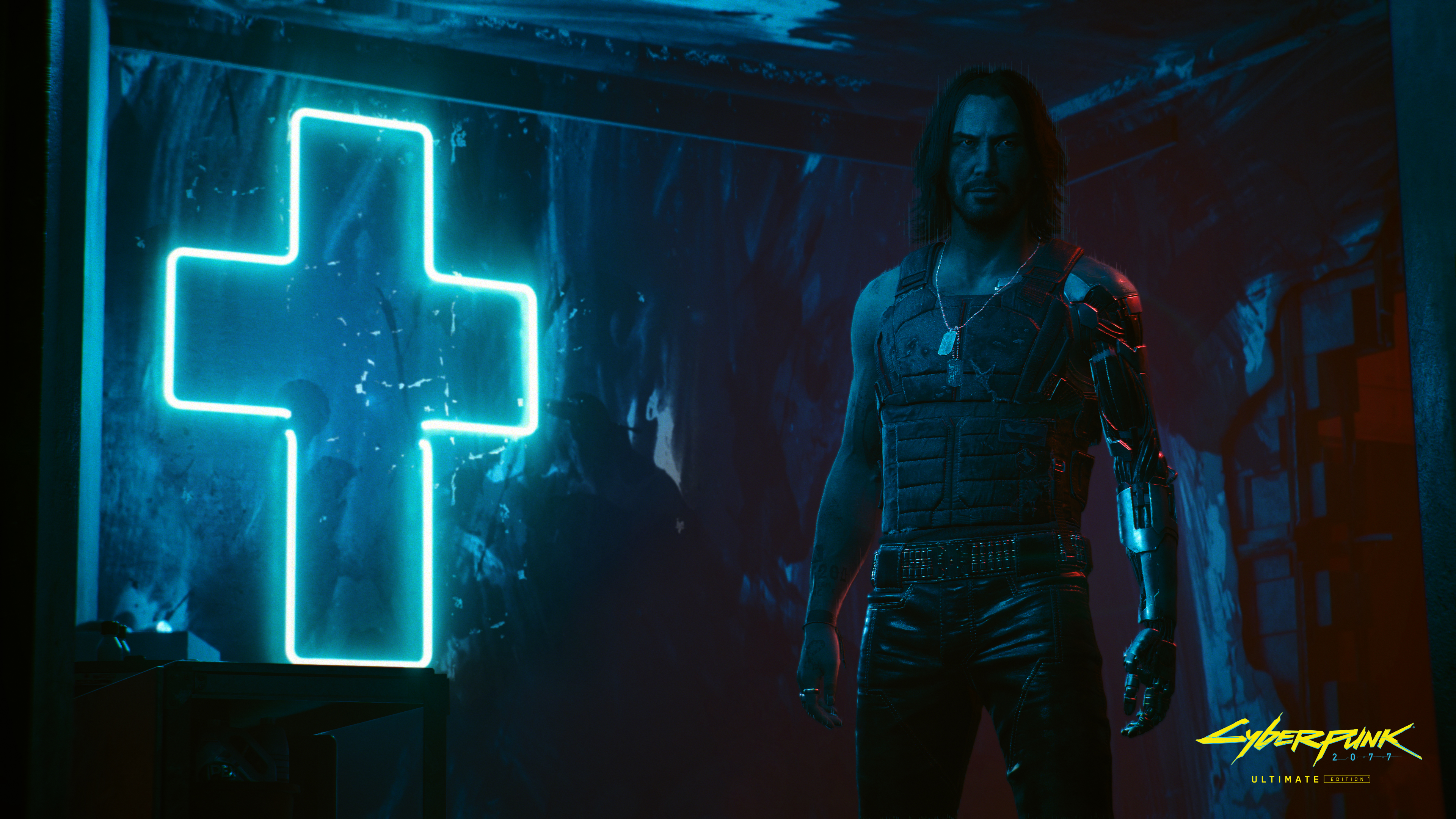 Detailed portrait of Johnny Silverhand from Cyberpunk 2077, featuring his signature metallic cybernetic arm and intense expression.